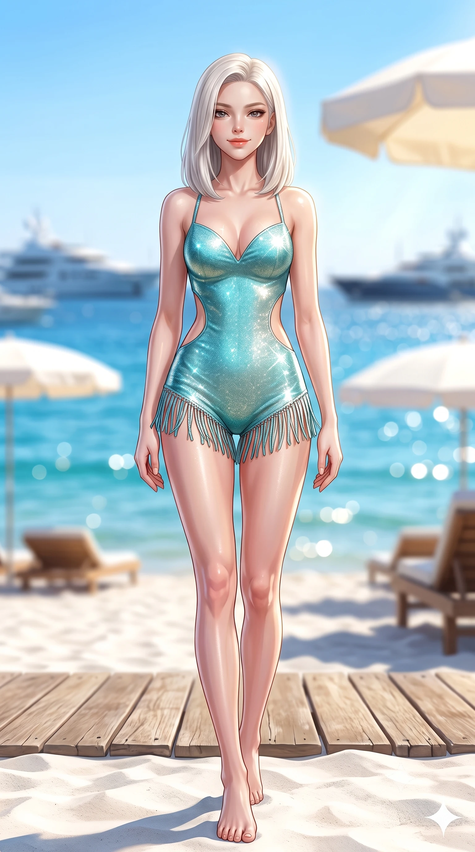 score_9, masterpiece, best quality, ultra-detailed, high-budget anime keyframe, semi-realistic 3D game render, editorial fashion photography, tasteful artistic composition, Korean woman. low angle full-body shot from head to toe showing her feet, filling the entire 9:16 vertical frame with her statuesque presence, stretching her vertical silhouette. stepping slowly toward the camera with hypnotic grace, hips swaying in an alluring sensual rhythm that accentuates her curvy hourglass silhouette and long slender legs while lounging across the circular white canvas daybed with legs crossed, arching her lower back with sovereign Riviera beach allure. The background shows a soft-focus the sparkling sapphire bay of Pampelonne, distant mega-yachts, and white parasols blurred into azure, champagne, and gold bokeh. She has an absolutely perfect, statuesque 8.5-heads proportion, an exceptionally tall and slender model-like female figure with impossibly long slender legs, an ultra-slim waist, a flat toned midriff, narrow delicate ribcage, and beautifully sculpted feminine hips creating a graceful, slim hourglass silhouette without any bulky heaviness. sharp v-shaped jawline, high-bridge nose, sparkling eyes with hypnotic seductive depth, thick curled eyelashes, glossy parted lips with a natural dewy peach sheen, alluring bedroom-eyes with an enchanting coquettish smile, exuding magnetic siren charisma and sophisticated glamour, flawlessly proportioned anatomical accuracy, strict slender model proportions, natural body alignment, perfectly sculpted long slender limbs, ultra-slim waistline, clean dynamic posture without body distortion. wearing a deep sweetheart-neckline buckskin bodycon romper with side-hip cutouts accentuating her hourglass curves in shimmering turquoise aqua and pure pearl alabaster, woven from stretch metallic lurex jersey casting radiant starlight glints across her silhouette, finished with a delicate leather fringe trim fluttering along her hip line with kinetic charm, the glove-like clinging cut tightly following the natural contour of her hips and long slender legs with youthful 8.5-heads elegance. bathed in brilliant Mediterranean afternoon sunlight bouncing up from white sands and turquoise water. highly saturated vibrant anime colors, detailed shading with soft gradients, rich glossy textures, high-contrast stereoscopic depth, volumetric dynamic lighting, master piece, 9:16 ratio