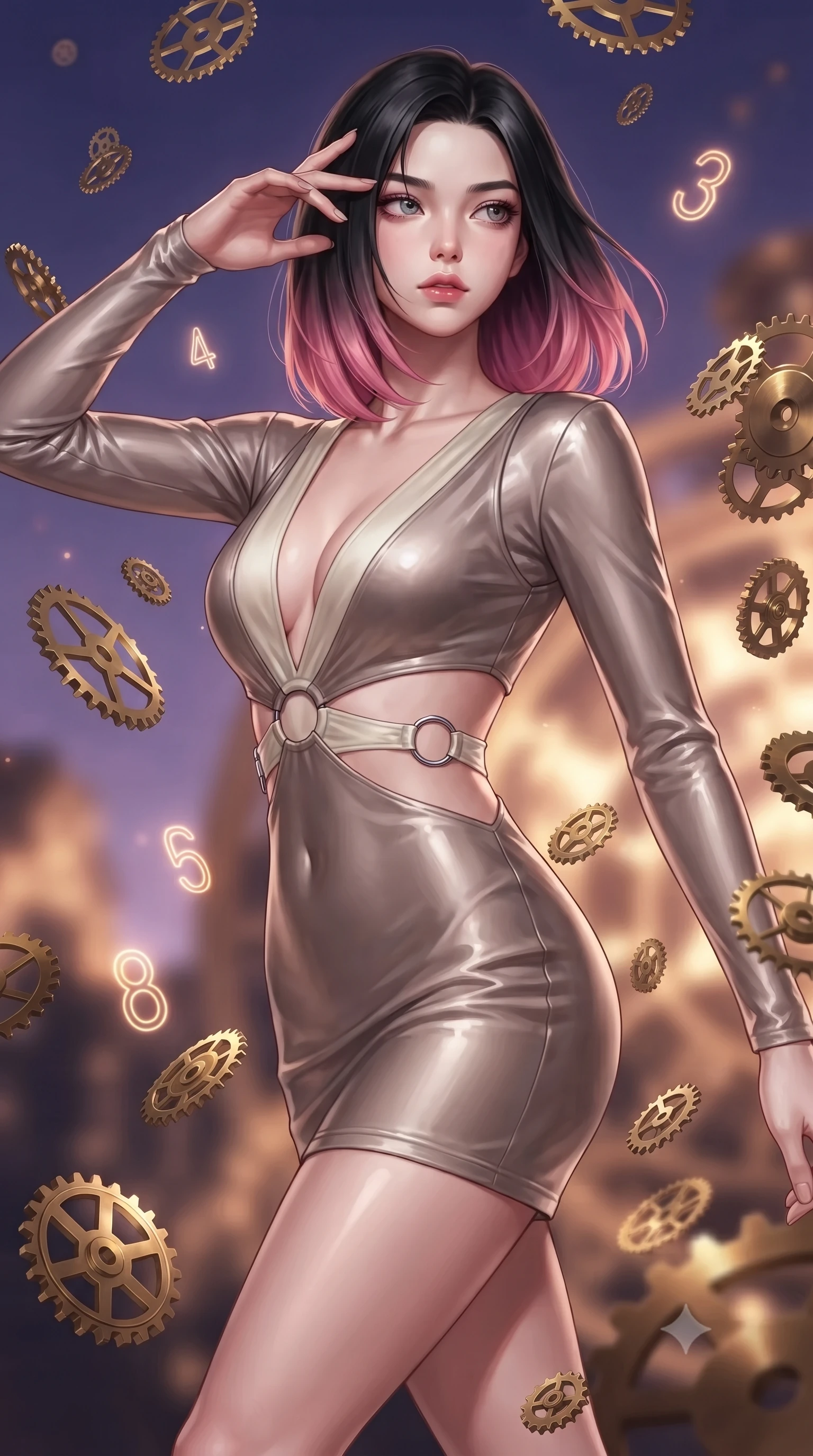 score_9, masterpiece, best quality, ultra-detailed, high-budget anime keyframe, editorial fashion photography, tasteful artistic composition, Korean woman. close-up cowboy shot from the waist and thighs up, the character dominates the composition, filling the frame with her large presence, background elements kept in soft focus. Resting her fingers gracefully near her temple, casting a sharp mysterious side-gaze during her stride while pivoting sharply with her torso tilted as brass gears rain around her in slow motion, glowing neon clock numbers floating in mid-air with vintage elegancy. She has an exceptionally elegant, slender, and willowy female figure with an ultra-slim waist, a gracefully sculpted slender torso, and a refined silhouette. sharp v-shaped jawline, high-bridge nose, intricate jewel-like eyes with depth, thick eyelashes, glossy lips with a natural sheen, flawlessly proportioned anatomical accuracy, natural body alignment, perfectly sculpted elegant limbs, clean dynamic posture without body distortion. wearing a liquid mercury gloss mini dress with ultra-deep V-neck and waist cutouts in muted taupe and soft ivory, crafted from smooth liquid silk, accented with delicate chrome ring hardware framing her waist, the glove-like fit emphasizing her statuesque silhouette during motion. surrounded by a contrast of deep violet sky and radiant bronze mechanical light. ultra-reflective glossy finish, specular highlights, metallic sheen, high-contrast stereoscopic depth, volumetric dynamic lighting, 2k, ultra detail, master piece, 9:16 ratio
