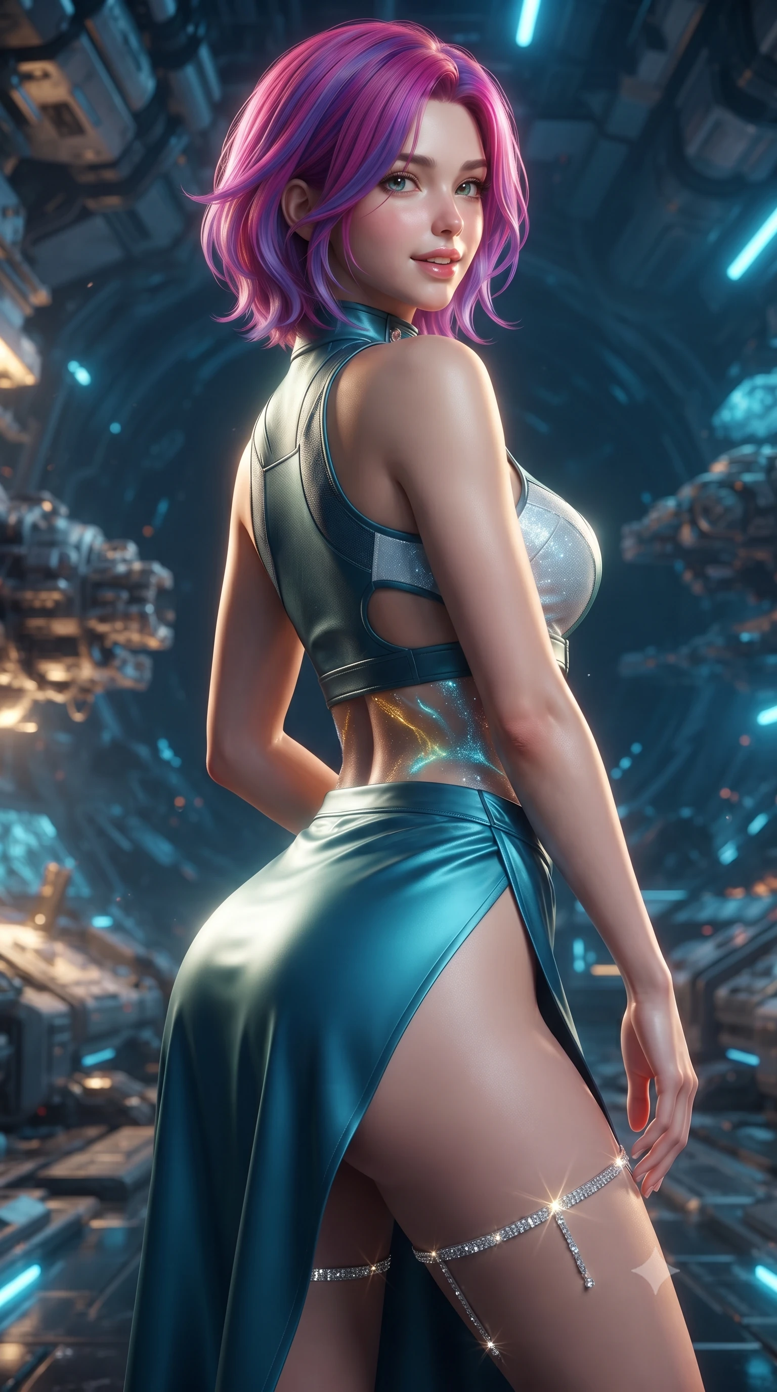 score_9, masterpiece, best quality, ultra-detailed, high-budget anime keyframe, editorial fashion photography, tasteful artistic composition, Caucasian woman. close-up cowboy shot from the waist and thighs up, the character dominates the composition, filling the frame with her large presence. posing in an alluring rear three-quarter angle, looking over a bare shoulder with parted glossy lips, her hips cocked back to highlight her slim hourglass curve while twisting her slender torso in an alluring contrapposto stance, golden mineral vent heat plumes and blue bioluminescence playing across her narrow waist and curvy hips. The surrounding environment is rendered in vivid detail and crisp panoramic clarity: detailed bespoke tactical tailoring, liquid fabric textures, and extreme-depth space-ocean engineering in razor-sharp precision. She has an exceptionally elegant, slender, and willowy female figure with an ultra-slim waist, flat toned midriff, narrow ribcage, and sculpted feminine hips creating an alluring, slim hourglass silhouette without bulk. sharp v-shaped jawline, high-bridge nose, intricate jewel-like sparkling eyes with depth, thick eyelashes, glossy parted lips with a natural peach sheen, bright cheerful beaming smile with an enchanting and coquettish sensual glint, exuding both youthful cute charm and seductive allure, flawlessly proportioned anatomical accuracy, strict slender model proportions, natural body alignment, perfectly sculpted long slender limbs, ultra-slim waistline, clean dynamic posture without body distortion. wearing an alluring tactical crop top with asymmetrical side-rib cutouts and high-neck collar paired with a high-slit wrap skirt in Europa abyssal turquoise and ice-shelf diamond, crafted from fluid liquid silk satin that clings smoothly to her narrow waist and rounded hips with a dewy sheen, finished with delicate crystal-encrusted thigh garter straps glinting in the dim light, the liquid-tight tailored fabric clinging flawlessly to her narrow waist and rounded feminine hips, emphasizing every millimeter of her sculpted slim hourglass curves without any bulky heaviness. illuminated by acrylic floor reflection bounce and sharp sapphire-cyan rim lights sculpting her razor-sharp jawline, narrow waist, and curvy hips. ultra-reflective glossy finish, specular highlights, rich textural contrasts, high-contrast stereoscopic depth, volumetric dynamic lighting, 2k, ultra detail, master piece, 9:16 ratio