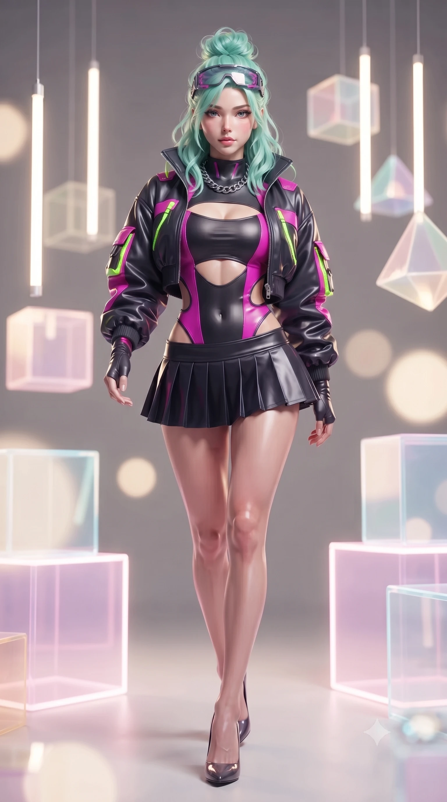 score_9, masterpiece, best quality, ultra-detailed, high-budget anime keyframe, editorial fashion photography, tasteful artistic composition, Japanese woman. low angle full-body shot from head to toe showing her feet, filling the entire 9:16 vertical frame with her statuesque presence, stretching her vertical silhouette. striding forward in a proud, dynamic supermodel runway stride, her statuesque vertical silhouette commanding the entire frame while posing inside an avant-garde digital art gallery surrounded by glowing translucent acrylic cubes and suspended LED tubes. The composition keeps background elements in soft focus with creamy bokeh. translucent acrylic art installations and geometric light prisms softened in dreamy shallow focus. She has an absolutely perfect, statuesque 8.5-heads proportion, an exceptionally tall and slender model-like female figure with impossibly long slender legs, a toned flat midriff, and an ultra-slim waist. sharp v-shaped jawline, high-bridge nose, intricate jewel-like eyes with depth, thick eyelashes, glossy lips with a natural sheen, captivating and magnetic expression, flawlessly proportioned anatomical accuracy, strict slender model proportions, natural body alignment, perfectly sculpted long slender limbs, ultra-slim waistline, clean dynamic posture without body distortion. wearing a daring cutout cyberpunk bodysuit paired with an oversized neon-accented bomber jacket and pleated micro-skirt in matte black and vivid magenta, tailored from second-skin aerodynamic stretch vinyl and insulated satin, accessorized with a chunky silver chain necklace and cyber-visor goggles resting on her brow, the glove-like aerodynamic second-skin fit tightly clinging to her ultra-slender waist and athletic curves without adding bulk, accentuating her razor-sharp statuesque lines and slim hourglass silhouette. surrounded by a cutting-edge, avant-garde, and mesmerizingly stylish future-fashion muse aura. ultra-reflective glossy finish, specular highlights, rich textural contrasts, high-contrast stereoscopic depth, volumetric dynamic lighting, 2k, ultra detail, master piece, 9:16 ratio