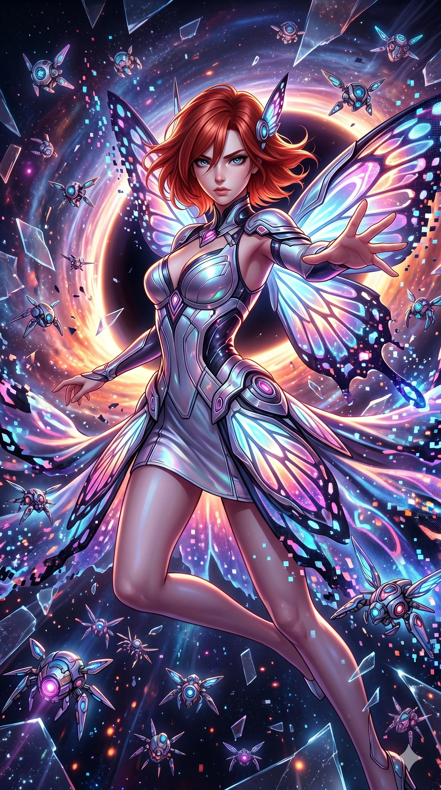 score_9, masterpiece, best quality, ultra-detailed, Set A: High-budget Anime Keyframe, Japanese woman. Upper body close-up from the thighs up, character filling the screen for maximum presence. Theme: Historical Remix. shattering the fabric of reality in the edge of a black hole, surrounded by 229 hovering guardian drones. The atmosphere is filled with a blizzard of digital pixels. She has an absolutely perfect 8-heads proportion, an exceptionally tall and slender female figure with impossibly long slender legs and an ultra-slim waist. Sharp v-shaped jawline, high-bridge nose, intricate jewel-like eyes with depth, glossy lips. Wearing Cybernetic butterfly-theme dress with glowing wing-patterned silk capes. Cinematic lighting, vivid colors, dramatic shadows, 2k, ultra detail, master piece, 9:16 ratio