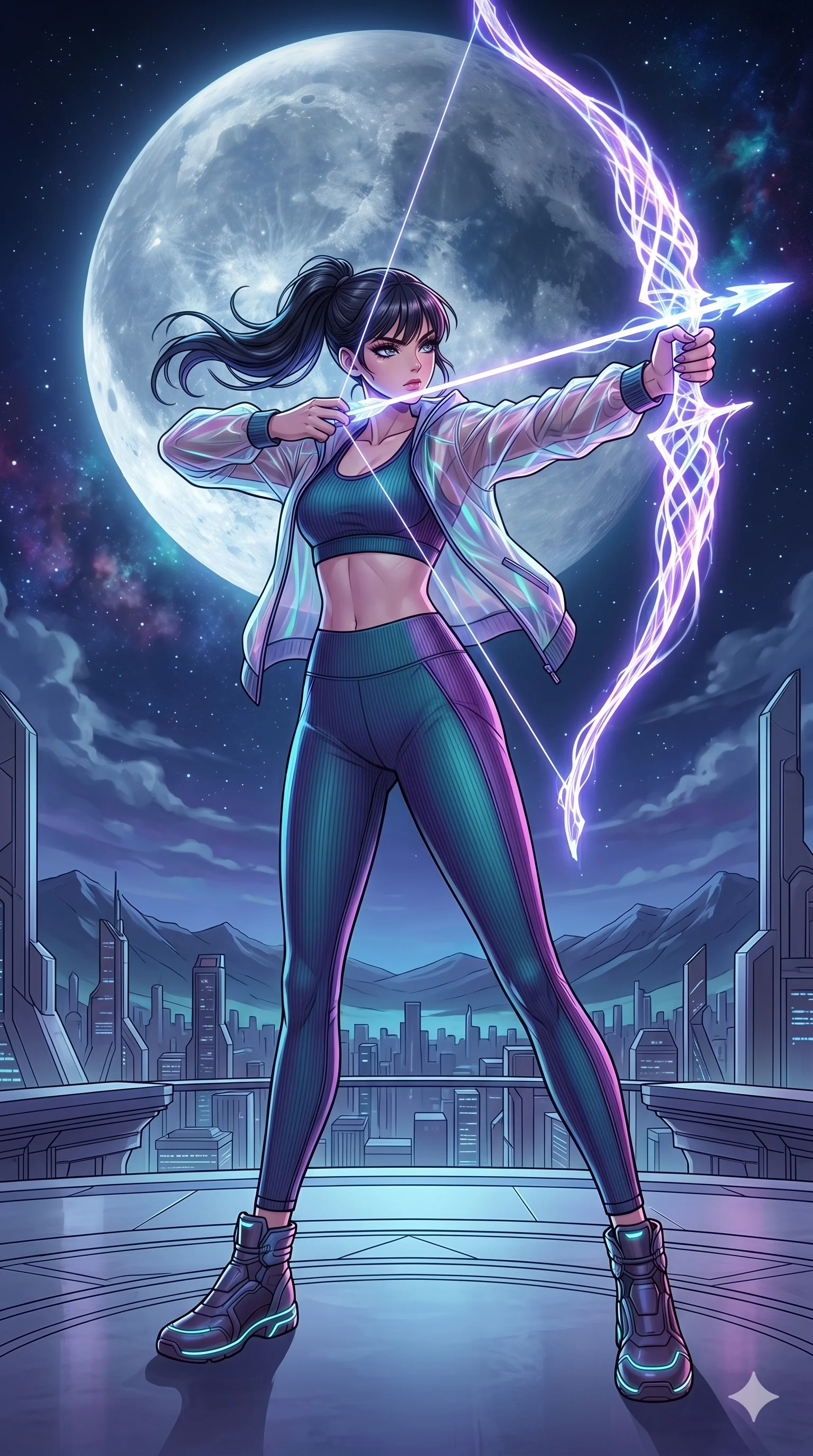 score_9, masterpiece, best quality, ultra-detailed, high-budget anime movie keyframe, cinematic anime lighting, intricate line art, Korean woman. Low angle cowboy shot capturing a powerful motion and statuesque presence. drawing a bow made of pure energy and aiming at the moon. She has an absolutely perfect 8-heads proportion, an exceptionally tall and slender female figure with an ultra-slim waist and impossibly long slender legs. strictly human anatomy, two legs only, no extra limbs, clearly defined legs and arms, perfect anatomy, perfect hands and fingers. sharp v-shaped jawline, high-bridge nose, intricate jewel-like eyes, thick eyelashes, glossy lips. Wearing Premium Athleisure: Ribbed sports bra and leggings set, sheer windbreaker, and sleek high-performance activewear. The scene is illuminated by dramatic atmospheric lighting and vibrant color palettes. , 2k, ultra detail, master piece, 9:16 ratio