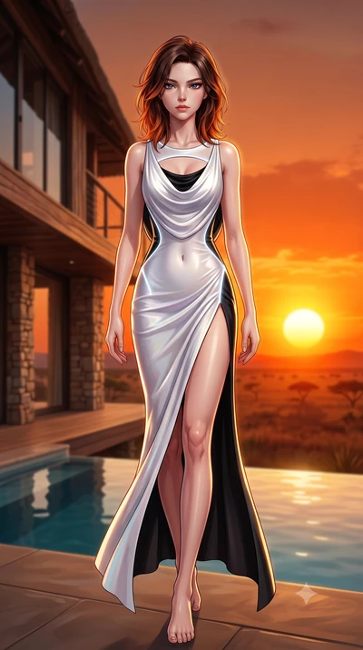 score_9, masterpiece, best quality, ultra-detailed, high-budget anime keyframe, semi-realistic 3D game render, editorial fashion photography, tasteful artistic composition, Korean woman. low angle full-body shot from head to toe showing her feet, fil