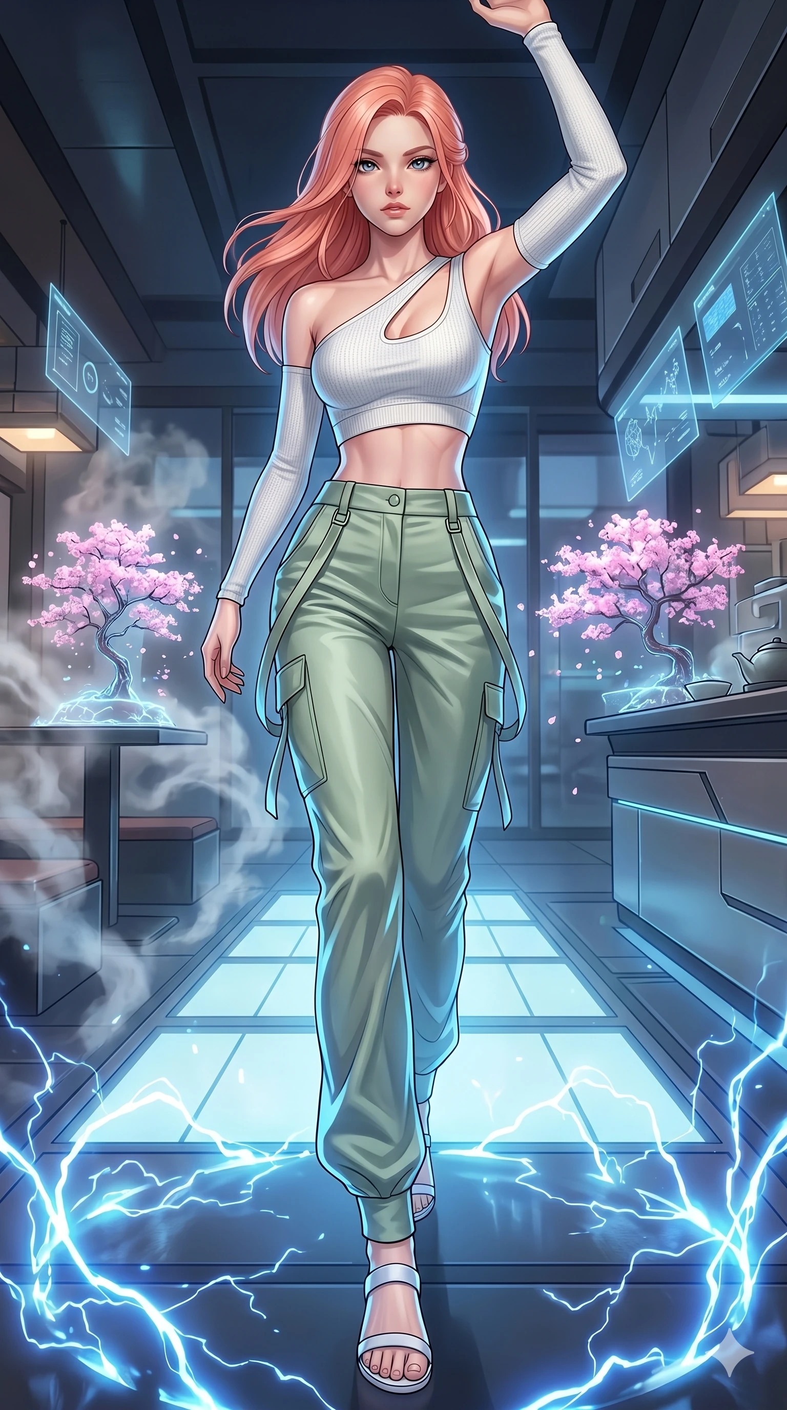 score_9, masterpiece, best quality, ultra-detailed, high-budget anime keyframe, editorial fashion photography, tasteful artistic composition, Japanese woman. low angle full-body shot from head to toe showing her feet, filling the entire 9:16 vertical frame with her statuesque presence, stretching her vertical silhouette. Lunging dynamically forward with one arm raised inside a futuristic tea house where the steam forms tiny holographic cherry blossom trees. She has an absolutely perfect 8-heads proportion, an exceptionally tall and slender female figure with impossibly long slender legs and an ultra-slim waist. V-shaped jawline, high-bridge nose, intricate jewel-like eyes with depth, thick eyelashes, glossy lips with a natural sheen. wearing an asymmetric one-shoulder crop top in white technical knit with a cutout shoulder, paired with high-waist silk-satin utility pants in soft sage green. highlighted by pulsing electric blue plasma arc lighting from below, casting dramatic upward shadows. 2k, ultra detail, master piece, 9:16 ratio