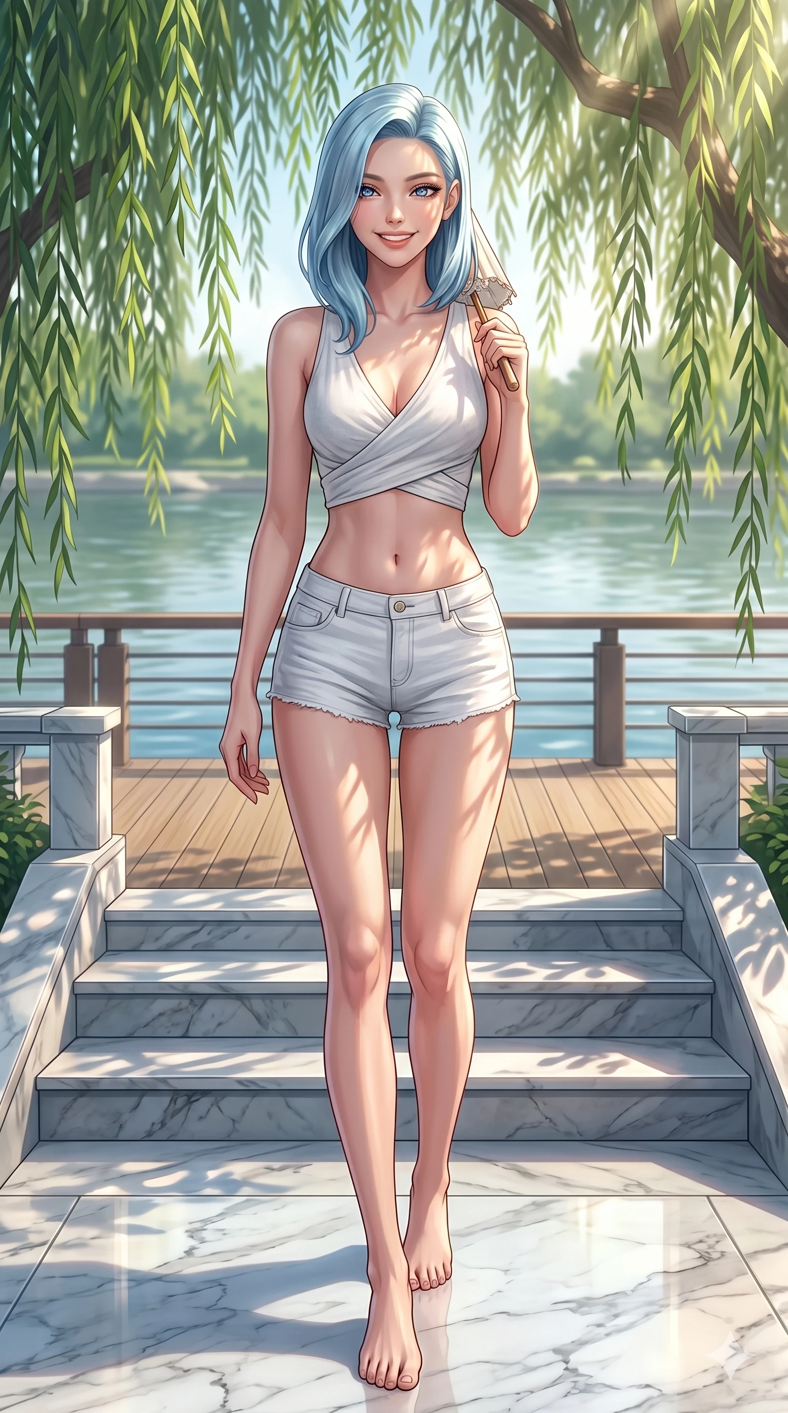 score_9, masterpiece, best quality, ultra-detailed, high-budget anime keyframe, vibrant anime aesthetic, Korean woman. low angle full-body shot from head to toe showing her feet, filling the entire 9:16 vertical frame with her statuesque presence, stretching her vertical silhouette. She is standing on the marble steps, looking at the camera with a radiant smile by a scenic river bank deck with weeping willows (Code-P20-058). She has an absolutely perfect 8-heads proportion, an exceptionally tall and slender female figure with impossibly long slender legs and an ultra-slim waist. V-shaped jawline, high-bridge nose, intricate jewel-like eyes with depth, thick eyelashes, glossy lips with a natural sheen. wearing a wrap top exposing her bare midriff and micro-shorts on the sand. She is drenched in warm afternoon sunbeams, casting soft garden shadows on her skin. 2k, ultra detail, master piece, 9:16 ratio