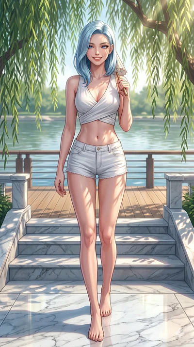 score_9, masterpiece, best quality, ultra-detailed, high-budget anime keyframe, vibrant anime aesthetic, Korean woman. low angle full-body shot from head to toe showing her feet, filling the entire 9:16 vertical frame with her statuesque presence, st