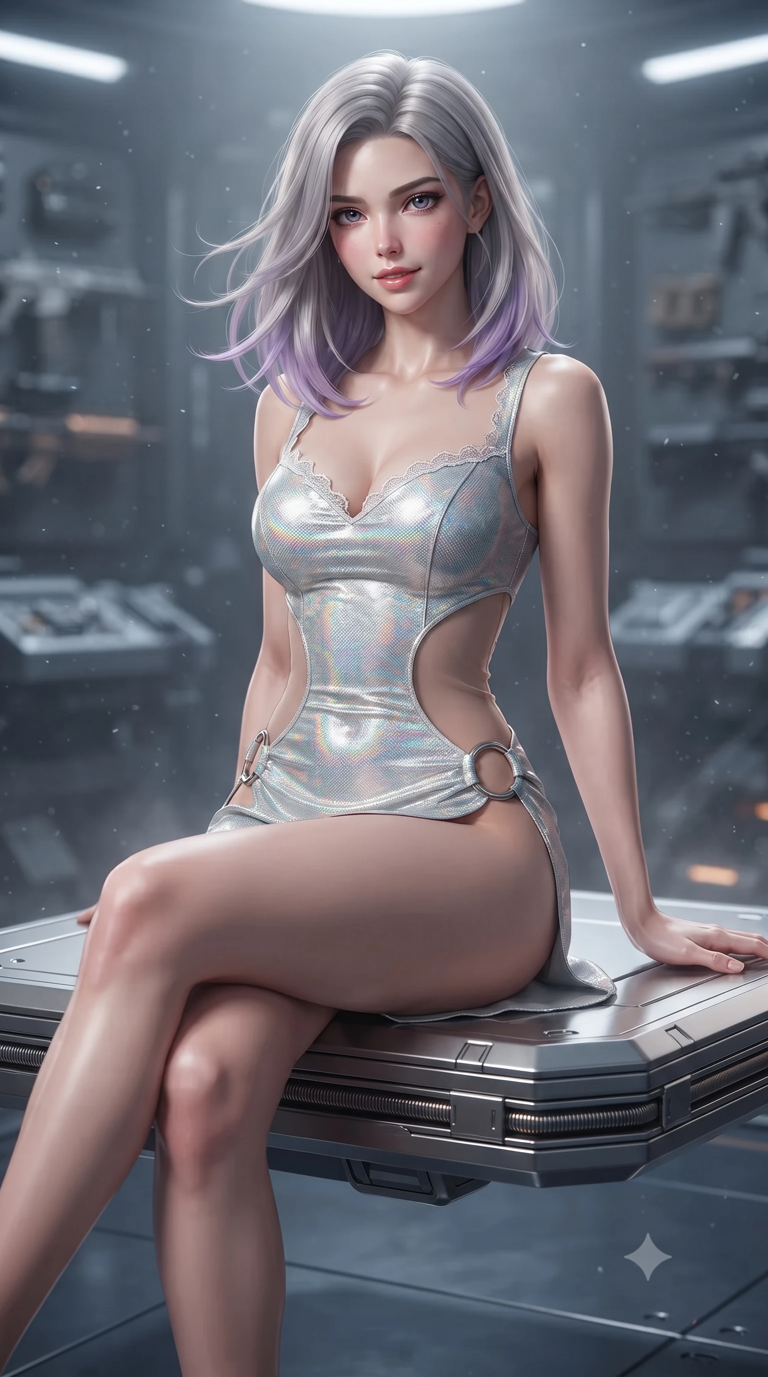 score_9, masterpiece, best quality, ultra-detailed, high-budget anime keyframe, editorial fashion photography, tasteful artistic composition, Caucasian woman. close-up cowboy shot from the waist and thighs up, the character dominates the composition, filling the frame with her large presence. turning slowly with an enchanting smoldering smile, her glossy hair tossing in the breeze as her hips angle gracefully in a captivating contrapposto while sitting gracefully on the floating magnetic inspection platform with legs crossed, flashing a teasing smile with parted glossy lips. The background shows a soft-focus zero-gravity particulate haze softened in orbital defense armory shallow focus. She has an exceptionally elegant, slender, and willowy female figure with an ultra-slim waist, flat toned midriff, narrow ribcage, and sculpted feminine hips creating an alluring, slim hourglass silhouette without bulk. sharp v-shaped jawline, high-bridge nose, intricate jewel-like sparkling eyes with depth, thick eyelashes, glossy parted lips with a natural peach sheen, bright cheerful beaming smile with an enchanting and coquettish sensual glint, exuding both youthful cute charm and seductive allure, flawlessly proportioned anatomical accuracy, strict slender model proportions, natural body alignment, perfectly sculpted long slender limbs, ultra-slim waistline, clean dynamic posture without body distortion. wearing a provocative open-waist combat cutout mini dress framed by polished chrome ring hardware and thigh-high slit in solar-sail rainbow diffraction and titanium white, featuring strategic sheer-illusion tulle side panels framing her ribcage and hips, finished with scalloped eyelash lace trim framing her sweetheart neckline with intimate elegance, the form-contouring silhouette accentuating her sculpted flat midriff, narrow delicate ribcage, and gracefully curvy hips with intoxicating allure. illuminated by dark titanium floor reflection bounce and sharp platinum-amber rim lights sculpting her jawline, narrow waist, and curvy hips. ultra-reflective glossy finish, specular highlights, rich textural contrasts, high-contrast stereoscopic depth, volumetric dynamic lighting, 2k, ultra detail, master piece, 9:16 ratio