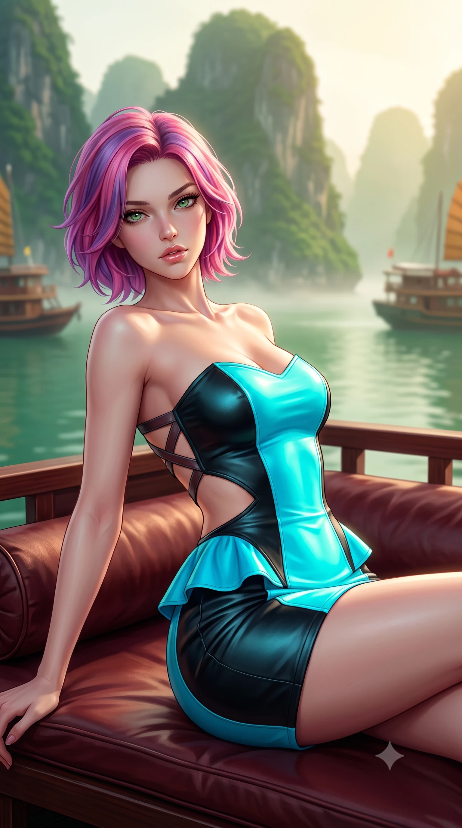 score_9, masterpiece, best quality, ultra-detailed, high-budget anime keyframe, semi-realistic 3D game render, editorial fashion photography, tasteful artistic composition, Caucasian woman. close-up cowboy shot from the waist and thighs up, the character dominates the composition, filling the frame with her large presence. leaning back with relaxed seductive grace, her sculpted collarbones and narrow waist highlighted as she casts smoldering bedroom-eyes directly into the camera while reclining on an outdoor mahogany daybed aboard the luxury wooden junk boat, arching her back as emerald karst islands rise dramatically from mist-shrouded jade waters. The composition keeps background elements in soft focus with creamy bokeh. towering jagged limestone karst pinnacles and jade green bay waters blurred into emerald, misty gold, and soft moss bokeh. She has an exceptionally elegant, slender, and willowy female figure with an ultra-slim waist, flat toned midriff, narrow ribcage, and sculpted feminine hips creating an alluring, slim hourglass silhouette without bulk. sharp v-shaped jawline, high-bridge nose, intricate jewel-like eyes with depth, thick eyelashes, glossy parted lips with a natural sheen, intensely captivating and seductive bedroom-eyes expression, flawlessly proportioned anatomical accuracy, strict slender model proportions, natural body alignment, perfectly sculpted long slender limbs, ultra-slim waistline, clean dynamic posture without body distortion. wearing a modern peplum corset dress with side-waist diamond cutouts and an ultra-tight silhouette in neon electric cyan and lacquer black, formed from supple second-skin lambskin leather with specular sheen, featuring an open-back criss-cross harness strap in dark leather, the glove-like aerodynamic silhouette tightly following the natural contour of her hips and long slender legs with statuesque 8.5-heads elegance. bathed in soft golden dawn sunlight filtering through sea mist between colossal limestone pillars. highly saturated vibrant anime colors, detailed shading with soft gradients, rich glossy textures, high-contrast stereoscopic depth, volumetric dynamic lighting, master piece, 9:16 ratio