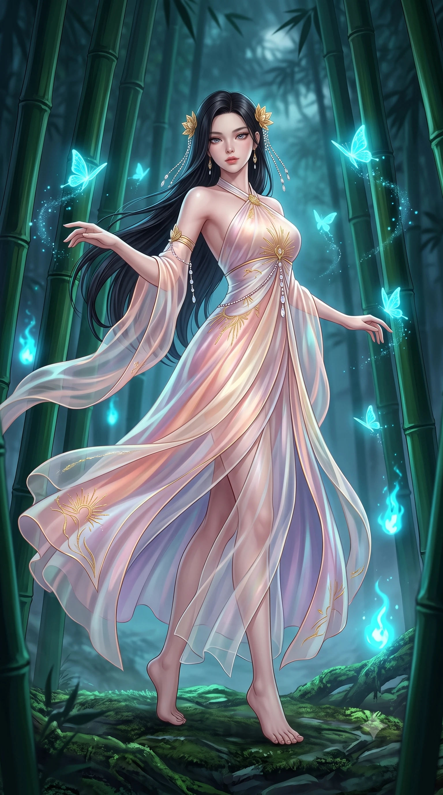 score_9, masterpiece, best quality, ultra-detailed, high-budget anime keyframe, semi-realistic 3D game render, editorial fashion photography, tasteful artistic composition, Korean woman. low angle full-body shot from head to toe showing her feet, filling the entire 9:16 vertical frame with her statuesque presence, stretching her vertical silhouette. executing an elegant mid-motion spin with effortless grace, her garments fluttering softly around her ultra-slim waistline while pivoting gracefully around towering green bamboo stalks as ethereal glowing butterflies dance around her fingertips. The surrounding environment is rendered in vivid detail and crisp panoramic clarity. deep mystical forest chiaroscuro and sacred woodland spirit sanctuary aesthetics rendered in precision. She has an absolutely perfect, statuesque 8.5-heads proportion, an exceptionally tall and slender model-like female figure with impossibly long slender legs, a toned flat midriff, and an ultra-slim waist. sharp v-shaped jawline, high-bridge nose, intricate jewel-like eyes with depth, thick eyelashes, glossy lips with a natural sheen, captivating and magnetic expression, flawlessly proportioned anatomical accuracy, strict slender model proportions, natural body alignment, perfectly sculpted long slender limbs, ultra-slim waistline, clean dynamic posture without body distortion. wearing a celestial priestess halter gown with golden sunburst embroidery and sheer leg veils in soft peach blossom pink and warm ivory, made of semi-translucent iridescent organza shifting between silver and violet, finished with delicate golden lotus hairpins and dangling crystal beads, the breezy yet form-flattering drape swaying gracefully with her steps, accentuating her long willowy limbs and slim waistline. bathed in magical cyan spirit flame luminescence and soft moonlit fog fill. highly saturated vibrant anime colors, detailed shading with soft gradients, rich glossy textures, high-contrast stereoscopic depth, volumetric dynamic lighting, master piece, 9:16 ratio