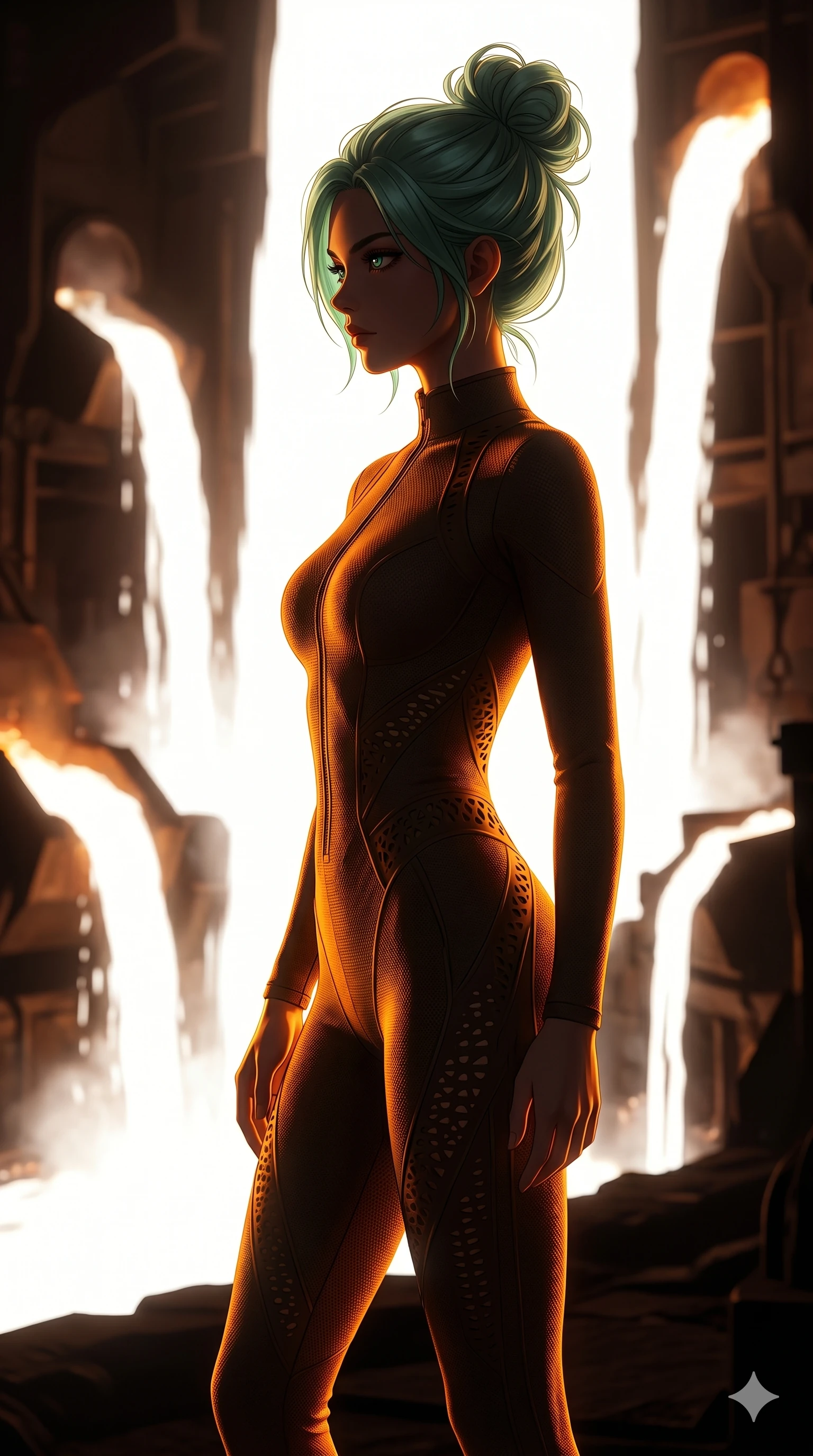 score_9, masterpiece, best quality, ultra-detailed, high-budget anime keyframe, editorial fashion photography, tasteful artistic composition, Japanese woman. cowboy shot from the thighs up, character and outfit filling the frame for maximum editorial presence. Casting a confident sidelong glance, her profile silhouetted against the bright background inside a stellar refinery where rivers of molten platinum glow with intense white heat. She has an absolutely perfect 8-heads proportion, an exceptionally tall and slender female figure with impossibly long slender legs and an ultra-slim waist. V-shaped jawline, high-bridge nose, intricate jewel-like eyes with depth, thick eyelashes, glossy lips with a natural sheen. wearing a precision-fitted performance jumpsuit with intricate geometric laser-cut details along the waist. drenched in warm amber cinematic rim lighting that traces every contour of her silhouette against the dark. 2k, ultra detail, master piece, 9:16 ratio