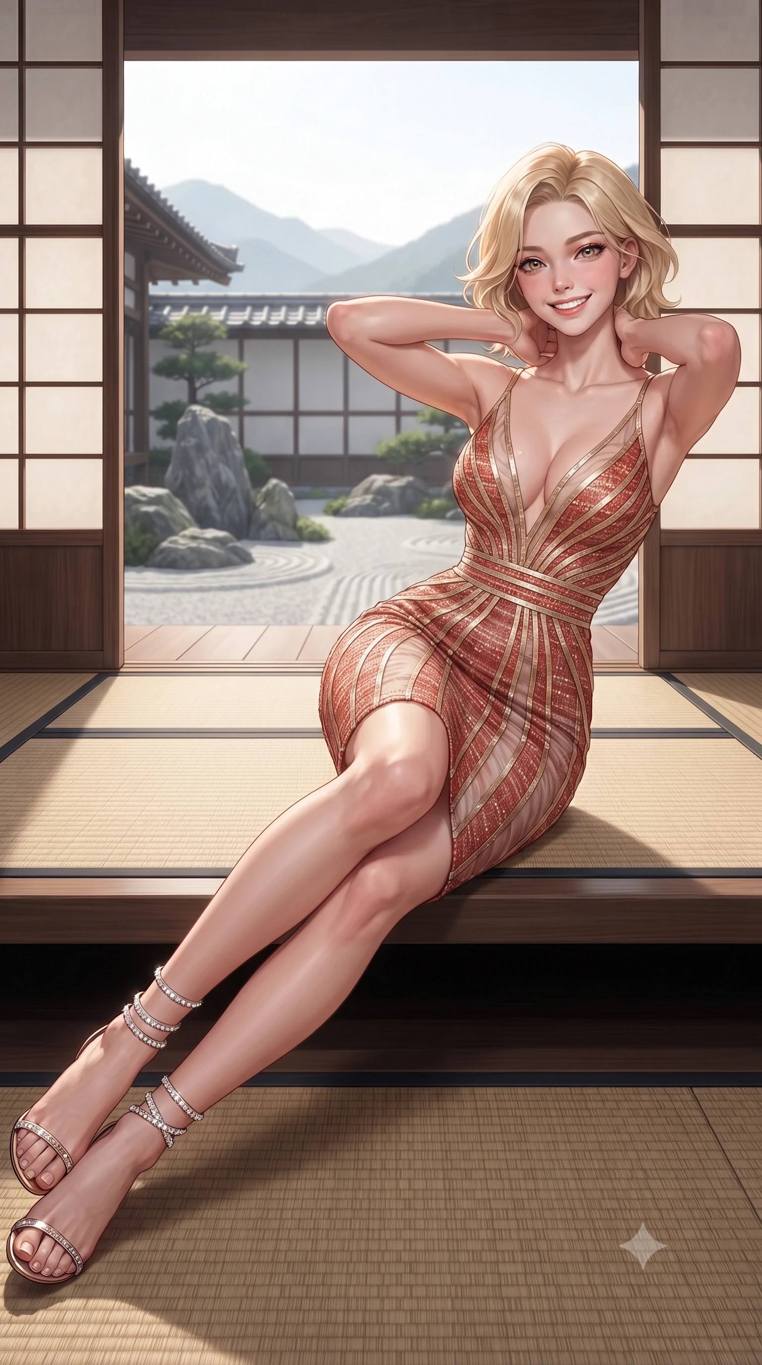 score_9, masterpiece, best quality, ultra-detailed, high-budget anime keyframe, editorial fashion photography, tasteful artistic composition, Caucasian woman. close-up cowboy shot from the waist and thighs up, the character dominates the composition, filling the frame with her large presence. resting both hands lightly behind her neck with elbows raised, arching her spine to highlight her narrow waist, flat midriff, and breathtaking collarbones while reclining gracefully across the woven rush tatami platform propped on one elbow with legs extended, displaying her long slender limbs and statuesque hourglass silhouette. The surrounding environment is rendered in vivid detail and crisp panoramic clarity: detailed garment cut, bodycon tailoring, and master Japanese mountain architecture in razor-sharp precision. She has an exceptionally elegant, slender, and willowy female figure with an ultra-slim waist, flat toned midriff, narrow ribcage, and sculpted feminine hips creating an alluring, slim hourglass silhouette without bulk. sharp v-shaped jawline, high-bridge nose, intricate jewel-like sparkling eyes with depth, thick eyelashes, glossy parted lips with a natural peach sheen, bright cheerful beaming smile with an enchanting and coquettish sensual glint, exuding both youthful cute charm and seductive allure, flawlessly proportioned anatomical accuracy, strict slender model proportions, natural body alignment, perfectly sculpted long slender limbs, ultra-slim waistline, clean dynamic posture without body distortion. wearing a plunge-front sheer illusion tulle slip dress with liquid gold ribbon stripes hugging her curves in Cordoba vermilion red and ivory alabaster marble, woven from structured British tweed with subtle metallic flecks, complemented by strappy stiletto sandals with crystal ankle wraps accentuating her slender calves, the glove-like clinging cut tightly following the natural contour of her hips and long slender legs with youthful 8.5-heads elegance. illuminated by tatami floor bounce and sharp rose-gold rim lights sculpting her jawline, narrow waist, and curvy hips. ultra-reflective glossy finish, specular highlights, rich textural contrasts, high-contrast stereoscopic depth, volumetric dynamic lighting, 2k, ultra detail, master piece, 9:16 ratio