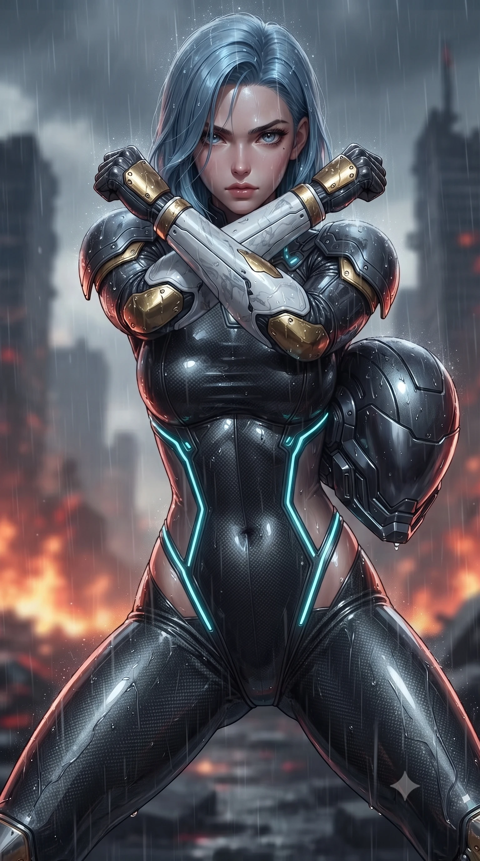 score_9, masterpiece, best quality, ultra-detailed, high-budget anime keyframe, editorial fashion photography, tasteful artistic composition, Korean woman. close-up cowboy shot from the waist and thighs up, the character dominates the composition, filling the frame with her large presence. shifting into a low cat-stance with arms crossed defensively, glowing energy conduits tracing her ultra-slim waist and sculpted clavicle while arching her spine in a fluid combat stance with fists raised as cold rain streams down her sleek armored shoulder pauldrons. The composition keeps background elements in soft focus with creamy bokeh. raging horizon fires and shattered skyscraper silhouettes blurred into dramatic charcoal, amber, and blood-crimson bokeh. She has an exceptionally elegant, slender, and willowy female figure with an ultra-slim waist, a gracefully sculpted slender torso, toned flat midriff, and a refined slim silhouette. sharp v-shaped jawline, high-bridge nose, intricate jewel-like eyes with depth, thick eyelashes, glossy lips with a natural sheen, fierce and resolute heroine expression, flawlessly proportioned anatomical accuracy, strict slender model proportions, natural body alignment, perfectly sculpted long slender limbs, ultra-slim waistline, clean dynamic posture without body distortion. holding a modular carbon battle-helmet under one arm, her flawless face and sculpted neck exposed to the rain with determined warrior focus, paired with a skin-tight dark carbon-weave combat bodysuit with glowing neon energy conduits and reinforced Damascus-pattern forearm strike guards in arctic white carbon composite with scratched solar gold armor plating, crafted from semi-translucent cybernetic carbon-vinyl interwoven with glowing micro-filaments, accented with glowing fiber-optic telemetry conduits tracing her collarbones and hip curves, the precision-cut daring openings accentuating her delicate midriff, graceful bare collarbones, and ultra-slim feminine waistline. illuminated by crisp white key lighting with sharp specular highlights tracing her sculpted armor and slender curves. ultra-reflective glossy finish, specular highlights, dark metallic sheen, high-contrast stereoscopic depth, volumetric dynamic lighting, 2k, ultra detail, master piece, 9:16 ratio