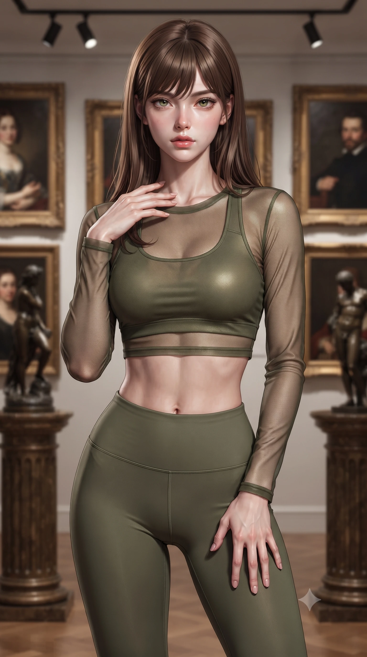 score_9, masterpiece, best quality, ultra-detailed, high-budget anime keyframe, editorial fashion photography, tasteful artistic composition, Korean woman. close-up cowboy shot from the waist and thighs up, the character dominates the composition, filling the frame with her large presence, background elements kept in soft focus. standing with one hand resting on her collarbone, looking at the viewer with bedroom-eyes the background shows a soft-focus a private art collector's gallery with framed oil portraits and bronze pedestals. She has an exceptionally elegant, slender, and willowy female figure with an ultra-slim waist, a gracefully sculpted slender torso, and a refined silhouette. sharp v-shaped jawline, high-bridge nose, intricate jewel-like eyes with depth, thick eyelashes, glossy lips with a natural sheen. wearing a slim-fit sheer mesh long-sleeve crop top in olive green, worn over a matching sports bra and leggings. directional track lighting highlighting subtle fabric textures. ultra-reflective glossy finish, specular highlights, metallic sheen, high-contrast stereoscopic depth, volumetric dynamic lighting, 2k, ultra detail, master piece, 9:16 ratio