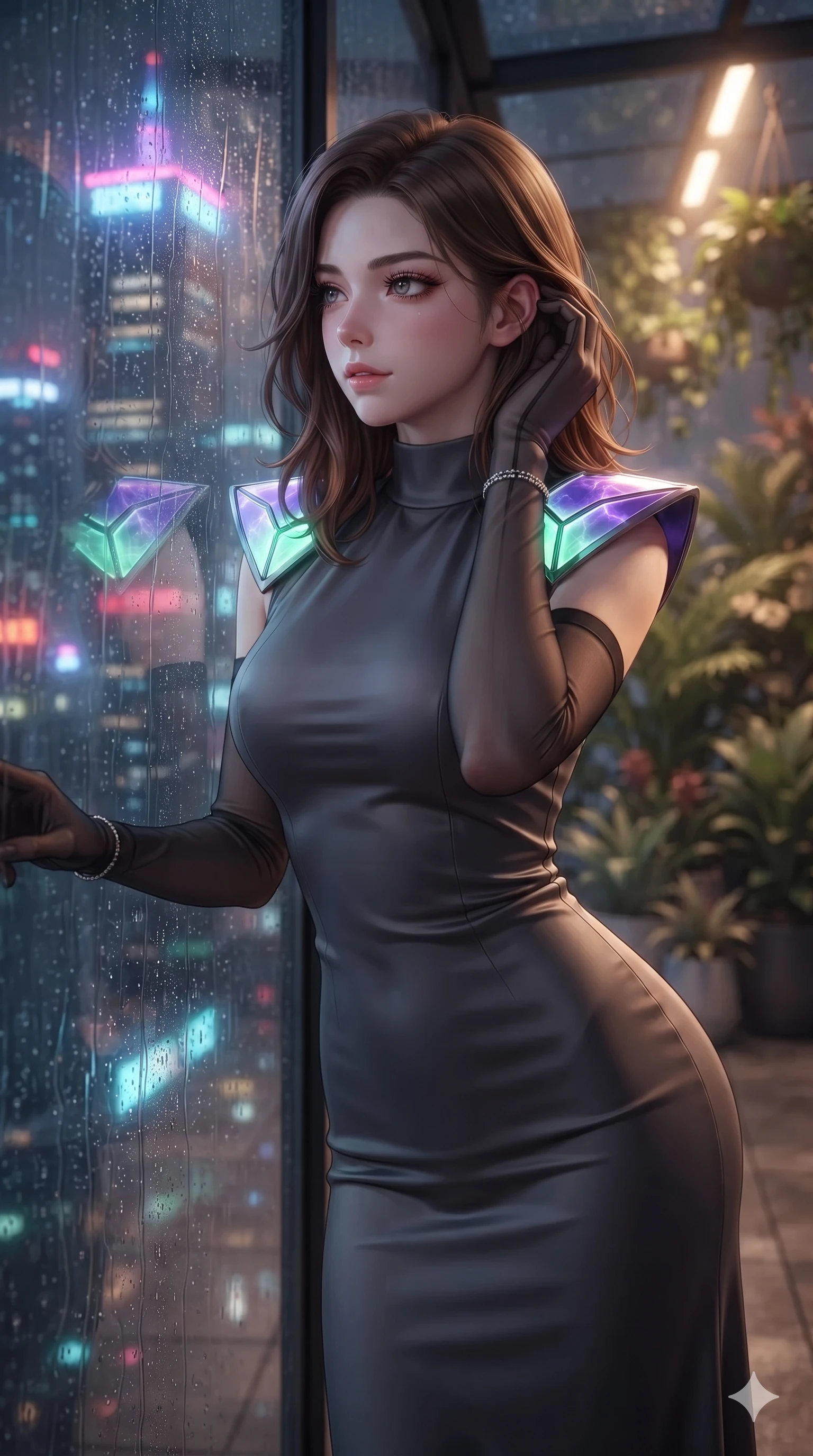 score_9, masterpiece, best quality, ultra-detailed, high-budget anime keyframe, editorial fashion photography, tasteful artistic composition, Korean woman. close-up cowboy shot from the waist and thighs up, the character dominates the composition, filling the frame with her large presence. gently brushing a lock of hair behind her ear while casting a playful, flirtatious side-gaze with long eyelashes while leaning against the hydro-terrace balustrade with hips cocked back, gazing through the rain-streaked panoramic glass at neon skyscraper crowns with heavy-lidded bedroom-eyes. The background shows a soft-focus warm greenhouse humidity mist softened in high-altitude rooftop haven shallow focus. She has an exceptionally elegant, slender, and willowy female figure with an ultra-slim waist, flat toned midriff, narrow ribcage, and sculpted feminine hips creating an alluring, slim hourglass silhouette without bulk. sharp v-shaped jawline, high-bridge nose, intricate jewel-like sparkling eyes with depth, thick eyelashes, glossy parted lips with a natural peach sheen, bright cheerful beaming smile with an enchanting and coquettish sensual glint, exuding both youthful cute charm and seductive allure, flawlessly proportioned anatomical accuracy, strict slender model proportions, natural body alignment, perfectly sculpted long slender limbs, ultra-slim waistline, clean dynamic posture without body distortion. wearing an elegant high-neck silk georgette diplomatic gown with structured geometric shoulder plates and pleated A-line skirt in phosphorescent ultraviolet amethyst and mint green, crafted from bespoke double-faced cashmere with an exceptionally soft tactile finish, complemented by sheer opera-length evening gloves tracing her slender arms, the bespoke structured tailoring following the natural line of her 8.5-heads silhouette with refined elegance. bathed in warm 2700K greenhouse grow lamps contrasted with cool exterior neon skyscraper radiance through wet glass. ultra-reflective glossy finish, specular highlights, rich textural contrasts, high-contrast stereoscopic depth, volumetric dynamic lighting, 2k, ultra detail, master piece, 9:16 ratio