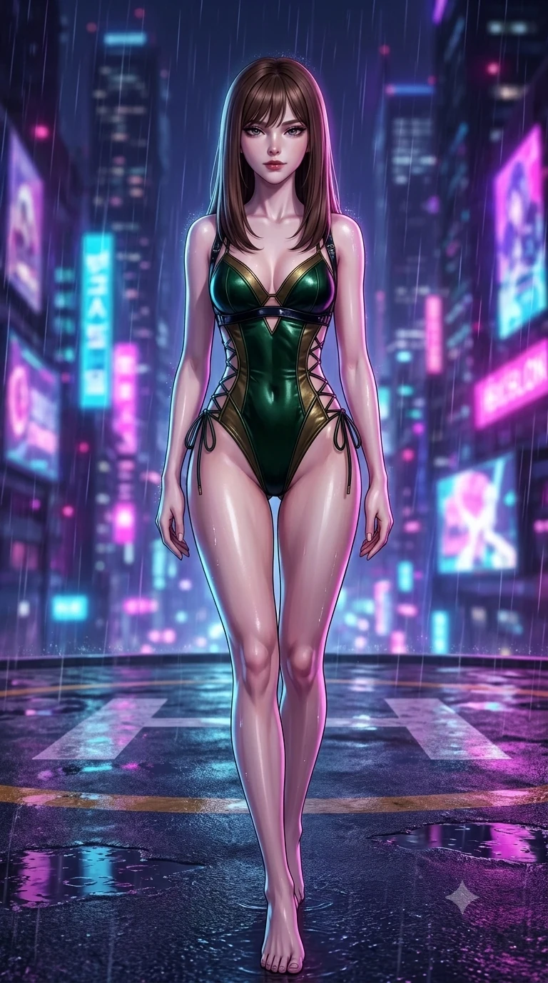 score_9, masterpiece, best quality, ultra-detailed, high-budget anime keyframe, semi-realistic 3D game render, editorial fashion photography, tasteful artistic composition, Korean woman. close-up cowboy shot from the waist and thighs up, the character dominates the composition, filling the frame with her large presence. glancing down over lowered lashes before meeting the camera with quiet, devastating intensity, her tailored outfit tracing her ultra-slim waist and hips while striding confidently across the wet helipad deck, her long slender legs and hourglass hips commanding the dystopian midnight skyline. The background shows a soft-focus towering Shinjuku skyscraper canyons, holographic neon billboards, and endless rain haze blurred into electric magenta, cyan, and deep purple bokeh. She has an exceptionally elegant, slender, and willowy female figure with an ultra-slim waist, flat toned midriff, narrow ribcage, and sculpted feminine hips creating an alluring, slim hourglass silhouette without bulk. sharp v-shaped jawline, high-bridge nose, intricate jewel-like dark sparkling eyes with dangerous depth, thick curled eyelashes, glossy parted lips with a rich wine sheen, smoldering seductive half-smile with bedroom-eyes, exuding effortless superiority and intoxicating dark allure, flawlessly proportioned anatomical accuracy, strict slender model proportions, natural body alignment, perfectly sculpted long slender limbs, ultra-slim waistline, clean dynamic posture without body distortion. wearing a low-slung cutaway leather bodysuit with bare hip flanks and criss-cross cord ties in deep velvet forest green and antique brass, featuring fine criss-cross satin back lacing tracing her slender spine, featuring an open-back criss-cross harness strap in patent black leather, the form-fitting cut adhering flawlessly to her sculpted flat midriff and slender torso, emphasizing her long leg lines and perfectly proportioned willowy build. illuminated by wet tarmac puddle bounce and sharp ultraviolet rim lights sculpting her razor-sharp jawline, narrow waist, and curvy hips. highly saturated vibrant anime colors, detailed shading with soft gradients, rich glossy textures, high-contrast stereoscopic depth, volumetric dynamic lighting, master piece, 9:16 ratio