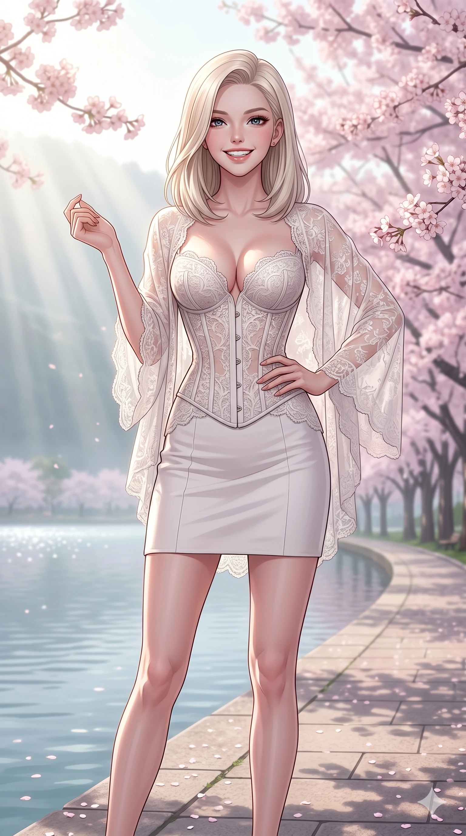 score_9, masterpiece, best quality, ultra-detailed, high-budget anime keyframe, vibrant anime aesthetic, Caucasian woman, strictly human ears. cowboy shot from the thighs up, character and outfit filling the frame for maximum presence. She is posing with a joyful, energetic smile, looking directly into the lens by a lakeside promenade lined with cherry trees (Code-P20-144). She has an absolutely perfect 8-heads proportion, an exceptionally tall and slender female figure with impossibly long slender legs and an ultra-slim waist. V-shaped jawline, high-bridge nose, intricate jewel-like eyes with depth, thick eyelashes, glossy lips with a natural sheen. wearing a structured lace corset with sweetheart neckline showing cleavage and a sheer wrap. She is bathed in soft morning sunbeams filtered through the garden mist, creating a serene aura. 2k, ultra detail, master piece, 9:16 ratio