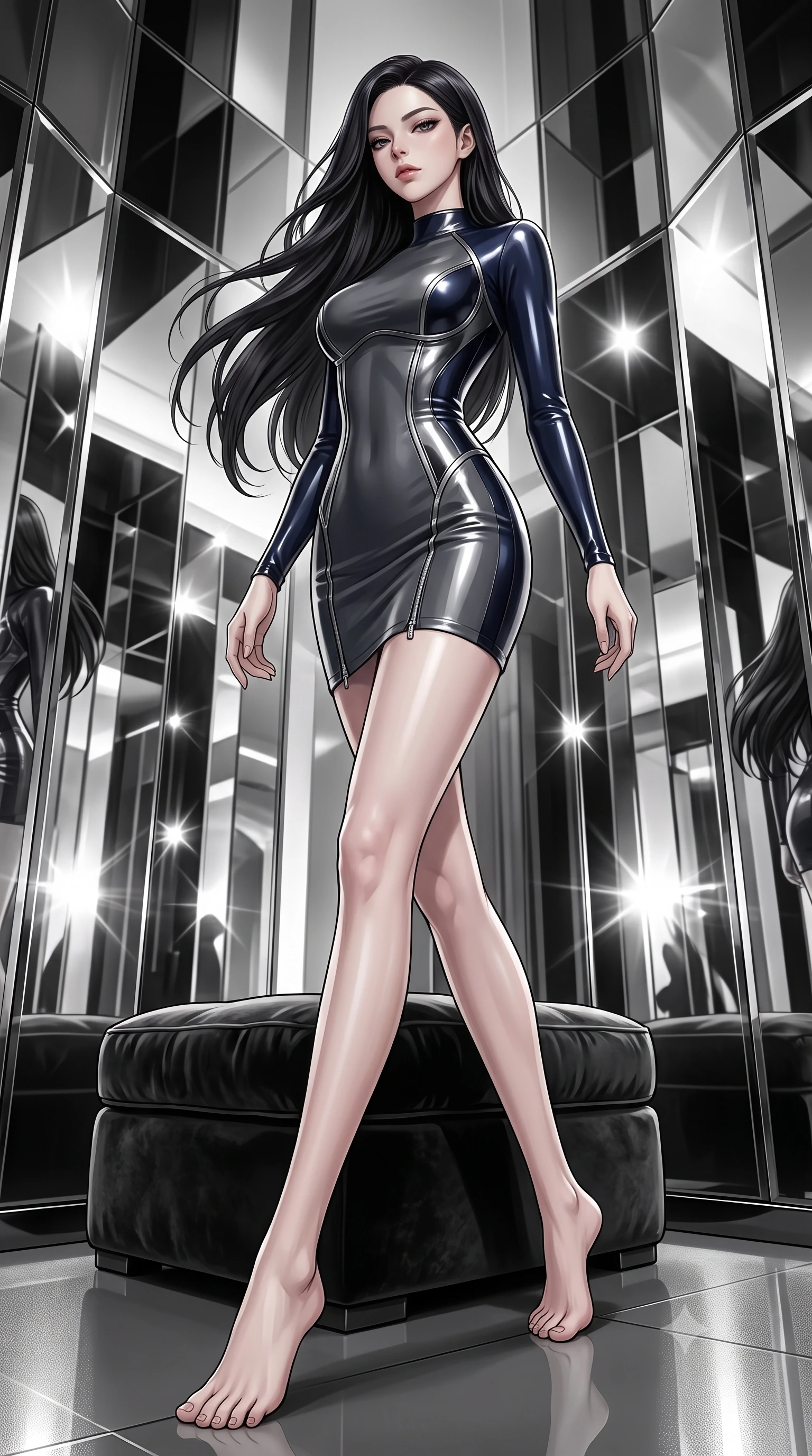 score_9, masterpiece, best quality, ultra-detailed, high-budget anime keyframe, editorial fashion photography, tasteful artistic composition, Korean woman. low angle full-body shot from head to toe showing her feet, filling the entire 9:16 vertical frame with her statuesque presence, stretching her vertical silhouette. stepping gracefully through the luxurious environment, stretching her statuesque silhouette, lounging on a velvet ottoman surrounded by high-contrast mirror reflection panels, high-contrast black-and-white fashion editorial composition. She has an absolutely perfect, statuesque 8.5-heads proportion, an exceptionally tall and slender model-like female figure with impossibly long slender legs and an ultra-slim waist. sharp v-shaped jawline, high-bridge nose, intricate jewel-like eyes with depth, thick eyelashes, glossy lips with a natural sheen. wearing glove-like fit dark navy latex bodycon mini dress in dark charcoal gray, made of sculpted obsidian metallic chrome, finished with metallic silver boning and sleek zipper points, sculpting her athletic slender build with refined precision. bathed in high-contrast specular reflections against bright mirror space. highly saturated vibrant anime colors, detailed shading with soft gradients, rich glossy textures, high-contrast stereoscopic depth, volumetric dynamic lighting, master piece, 9:16 ratio
