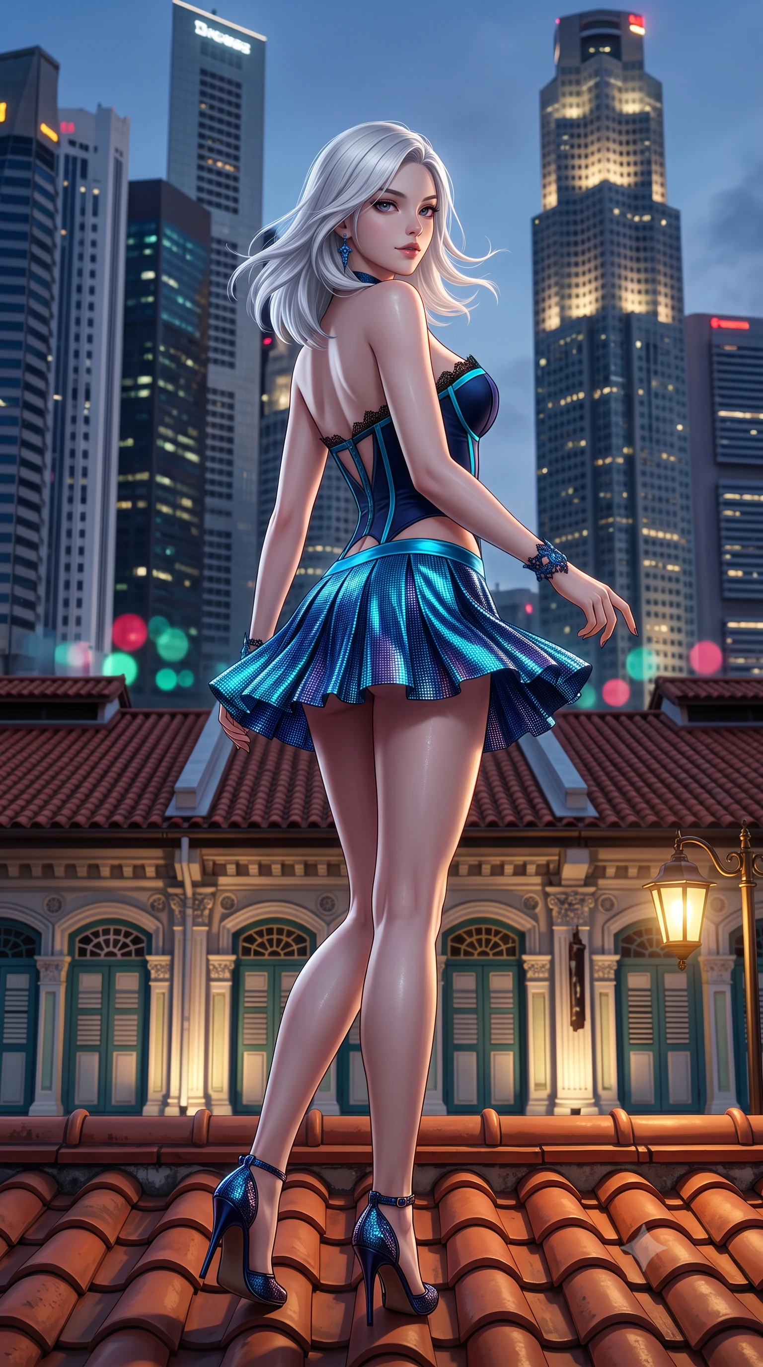 score_9, masterpiece, best quality, ultra-detailed, high-budget anime keyframe, semi-realistic 3D game render, editorial fashion photography, tasteful artistic composition, Korean woman. low angle full-body shot from head to toe showing her feet, filling the entire 9:16 vertical frame with her statuesque presence, stretching her vertical silhouette. executing a slow, graceful pivot turn as her skirt sways around her slender legs, glancing back with an enchanting, teasing sensual expression while standing poised on the restored terracotta tile rooftop of the historic Peranakan shophouse, arching her spine with femme-fatale poise as ultra-modern glass skyscrapers tower all around. The background shows a soft-focus vivid green and pastel glazed Peranakan tiles, historic shophouse rooflines contrasted with soaring illuminated CBD skyscrapers, blurred into jade, ruby, and sapphire bokeh. She has an exceptionally tall and slender model-like 8.5-heads proportion, an ultra-slim waist, a flat toned midriff, narrow delicate ribcage, and beautifully sculpted feminine hips creating a graceful, slim hourglass silhouette without any bulky heaviness, with impossibly long slender legs. sharp v-shaped jawline, high-bridge nose, intricate jewel-like sparkling eyes with depth, thick eyelashes, glossy parted lips with a natural peach sheen, bright cheerful beaming smile with an enchanting and coquettish sensual glint, exuding both youthful cute charm and seductive allure, flawlessly proportioned anatomical accuracy, strict slender model proportions, natural body alignment, perfectly sculpted long slender limbs, ultra-slim waistline, clean dynamic posture without body distortion. wearing a structured boned corset top paired with an ultra-short low-rise pleated micro mini skirt in Singapore Marina Bay electric cyan and midnight sapphire, crafted from stretch micro-mesh with liquid foil coating that shimmers with every movement, finished with scalloped eyelash lace trim framing her sweetheart neckline with intimate elegance, the precision-cut side openings and low-back scoop framing her graceful spine and the sensual sweep of her slim, toned hips. bathed in the warm golden 2300K glow of vintage brass lamps mixed with electric magenta and sapphire city skyscraper reflections. highly saturated vibrant anime colors, detailed shading with soft gradients, rich glossy textures, high-contrast stereoscopic depth, volumetric dynamic lighting, master piece, 9:16 ratio