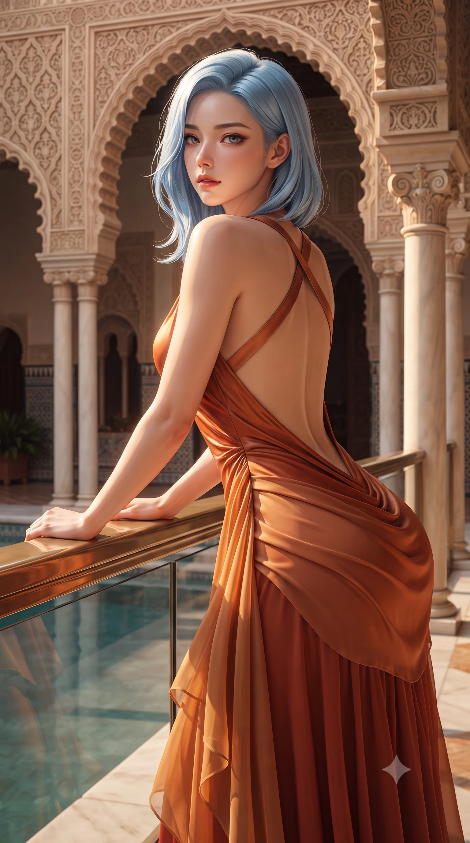 score_9, masterpiece, best quality, ultra-detailed, high-budget anime keyframe, semi-realistic 3D game render, editorial fashion photography, tasteful artistic composition, Korean woman. close-up cowboy shot from the waist and thighs up, the character dominates the composition, filling the frame with her large presence. leaning forward against the polished railing with her hips cocked back, creating an intoxicating curve from her narrow waist to sculpted hips as she gazes back into the lens while leaning against an intricately carved stucco archway with hips cocked back, looking over her shoulder with an alluring, sultry Andalusian gaze. The surrounding environment is rendered in vivid detail and crisp panoramic clarity. detailed silk dress drape, warm evening sun glints on skin, and Alcázar colonnade clarity in high resolution. She has an exceptionally elegant, slender, and willowy female figure with an ultra-slim waist, flat toned midriff, narrow ribcage, and sculpted feminine hips creating an alluring, slim hourglass silhouette without bulk. sharp v-shaped jawline, high-bridge nose, intricate jewel-like eyes with depth, thick eyelashes, glossy parted lips with a natural sheen, intensely captivating and seductive bedroom-eyes expression, flawlessly proportioned anatomical accuracy, strict slender model proportions, natural body alignment, perfectly sculpted long slender limbs, ultra-slim waistline, clean dynamic posture without body distortion. wearing a liquid-silk jersey evening gown with an ultra-deep plunging open back descending to the base of her spine and a sculpted hip-hugging skirt in molten desert gold and burnt terracotta, woven from layered gossamer chiffon with a weightless sweeping drape, finished with criss-cross back satin straps highlighting her graceful shoulder blades, the dramatically scooped open back descending to the base of her spine, accentuating her razor-sharp statuesque lines and slim hourglass silhouette. illuminated by soft specular water reflections sharply sculpting her razor-sharp jawline, narrow waist, and curvy hips. highly saturated vibrant anime colors, detailed shading with soft gradients, rich glossy textures, high-contrast stereoscopic depth, volumetric dynamic lighting, master piece, 9:16 ratio