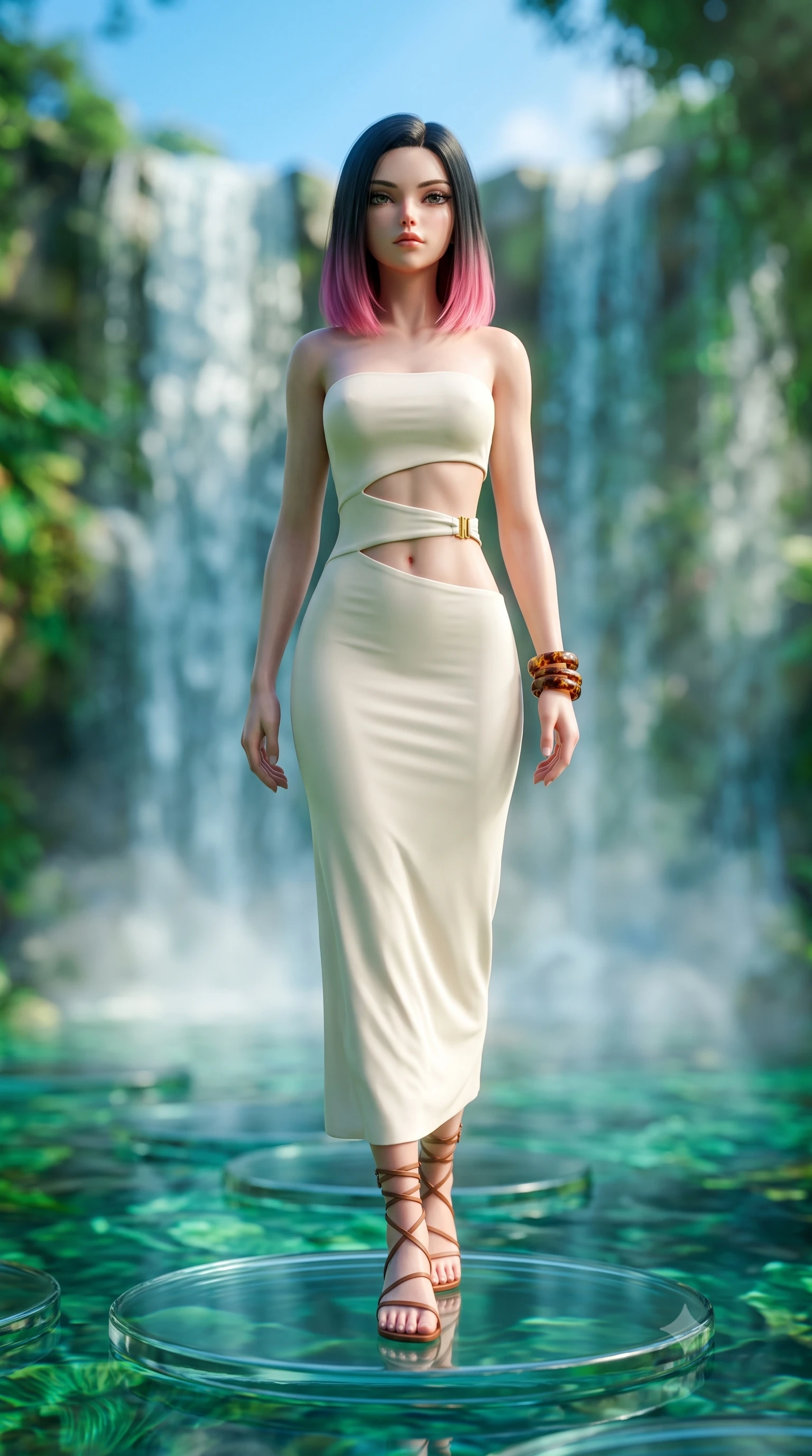 score_9, masterpiece, best quality, ultra-detailed, high-budget anime keyframe, semi-realistic 3D game render, editorial fashion photography, tasteful artistic composition, Korean woman. close-up cowboy shot from the waist and thighs up, the character dominates the composition, filling the frame with her large presence. tilting her chin up with proud, sovereign allure while gazing through thick eyelashes with an irresistible, dangerous bedroom-gaze while standing poised on a floating glass stepping stone above the emerald biosphere, displaying her flawless slender proportions. The composition keeps background elements in soft focus with creamy bokeh. cascading canopy waterfalls and rising water vapors softened in cinematic atmospheric depth. She has an exceptionally elegant, slender, and willowy female figure with an ultra-slim waist, a gracefully sculpted slender torso, toned flat midriff, and a refined slim silhouette. sharp v-shaped jawline, high-bridge nose, intricate jewel-like eyes with depth, thick eyelashes, glossy parted lips with a natural sheen, intensely captivating and seductive expression, flawlessly proportioned anatomical accuracy, strict slender model proportions, natural body alignment, perfectly sculpted long slender limbs, ultra-slim waistline, clean dynamic posture without body distortion. wearing a minimalist sculpted ivory tube dress with curved diagonal midriff cutouts and brass hardware in pristine ivory white and brushed brass gold, made of liquid bamboo jersey adhering seamlessly to her slender frame, accessorized with minimalist leather wrap sandals and tortoise shell bangles, the breezy yet form-flattering drape swaying gracefully with her steps, accentuating her long willowy limbs and ultra-slim waistline. bathed in midday azure skylight and shimmering pool water caustic bounce lights. highly saturated vibrant anime colors, detailed shading with soft gradients, rich glossy textures, high-contrast stereoscopic depth, volumetric dynamic lighting, master piece, 9:16 ratio