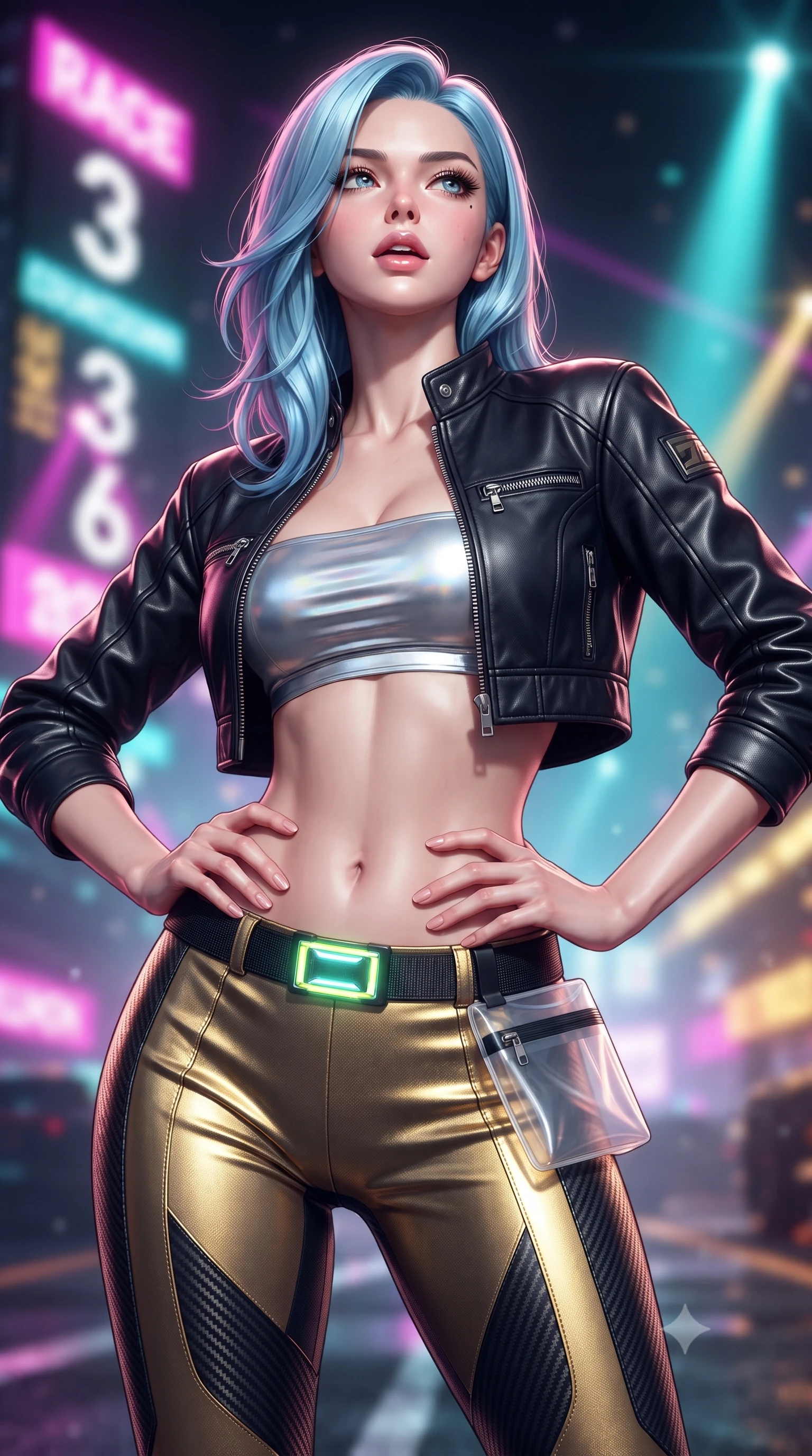 score_9, masterpiece, best quality, ultra-detailed, high-budget anime keyframe, editorial fashion photography, tasteful artistic composition, Korean woman. close-up cowboy shot from the waist and thighs up, the character dominates the composition, filling the frame with her large presence. tilting her chin up with proud, sovereign allure while gazing through thick eyelashes with an irresistible, dangerous bedroom-gaze while twisting her athletic torso in an alluring S-curve while resting both hands on her hips, looking past the camera with fearless allure. The composition keeps background elements in soft focus with creamy bokeh. giant LED jumbotron race countdown graphics and sweeping searchlights blurred into electric magenta, turquoise, and gold bokeh. She has an exceptionally elegant, slender, and willowy female figure with an ultra-slim waist, a gracefully sculpted slender torso, toned flat midriff, and a refined slim silhouette. sharp v-shaped jawline, high-bridge nose, intricate jewel-like eyes with depth, thick eyelashes, glossy parted lips with a natural sheen, intensely captivating and seductive expression, flawlessly proportioned anatomical accuracy, strict slender model proportions, natural body alignment, perfectly sculpted long slender limbs, ultra-slim waistline, clean dynamic posture without body distortion. wearing a cropped leather racing jacket unzipped over a reflective silver bandeau top and low-rise carbon track pants in metallic liquid gold and obsidian black, crafted from compression knit fabric sculpting her athletic hourglass lines, complemented by a neon LED belt buckle and translucent vinyl tool pouch, the sleek tactical cut tightly hugging her graceful clavicle, narrow waist, and athletic curves with statuesque precision. bathed in dynamic color-shifting LED race lights and sweeping white spotlight fill. ultra-reflective glossy finish, specular highlights, rich textural contrasts, high-contrast stereoscopic depth, volumetric dynamic lighting, 2k, ultra detail, master piece, 9:16 ratio