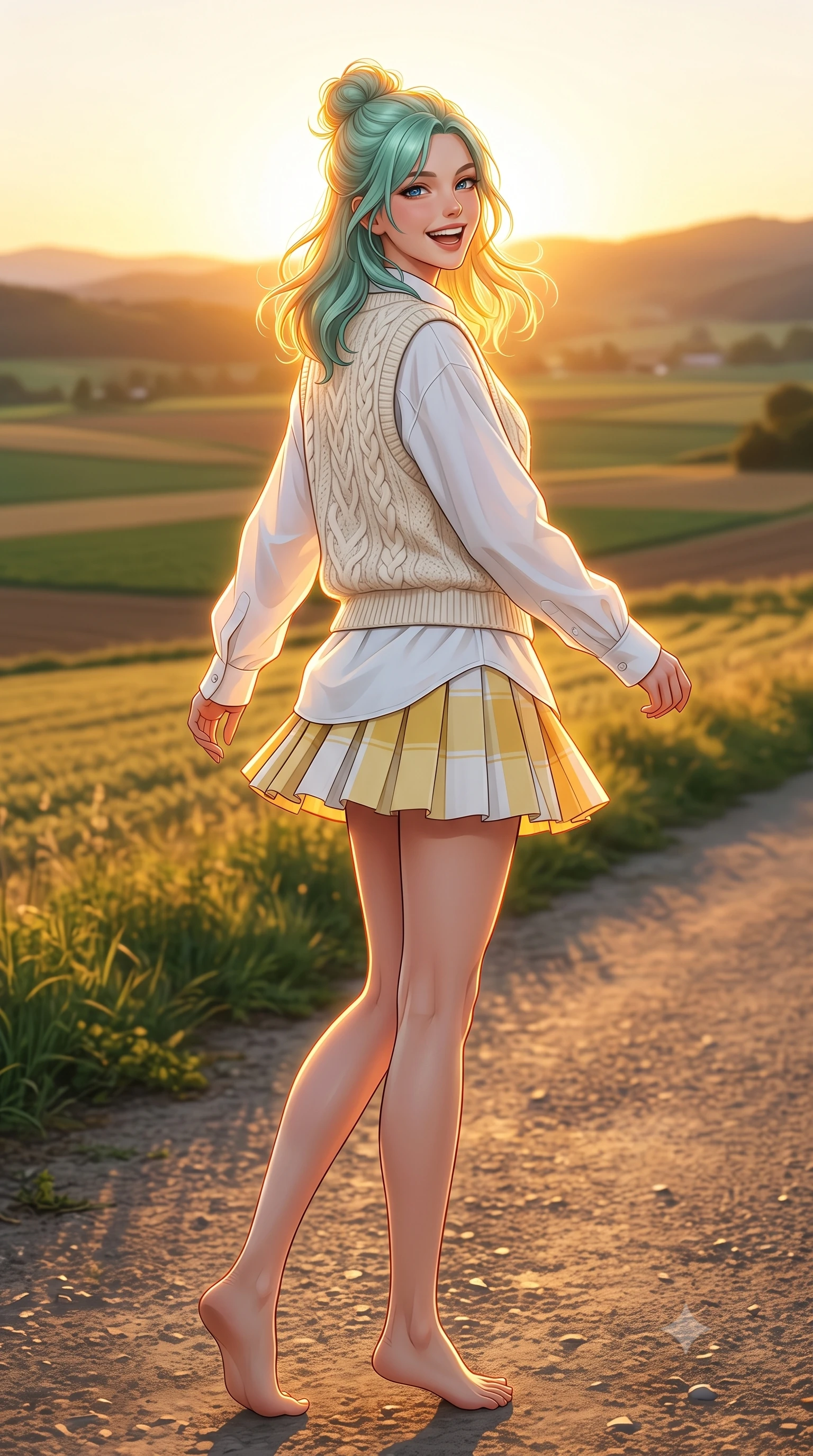 score_9, masterpiece, best quality, ultra-detailed, high-budget anime keyframe, semi-realistic 3D game render, editorial fashion photography, tasteful artistic composition, Japanese woman. low angle full-body shot from head to toe showing her feet, filling the entire 9:16 vertical frame with her statuesque presence, stretching her vertical silhouette. pivoting dynamically with a fresh infectious smile, her ultra-slim waist and long slender legs creating a fluid graceful line while turning back with a playful, joyful laugh as the setting sun creates a golden halo around her lovely silhouette. The surrounding environment is rendered in vivid detail and crisp panoramic clarity. warm high-contrast golden hour chiaroscuro and expansive agricultural countryside in precision. She has an absolutely perfect, statuesque 8.5-heads proportion, an exceptionally tall and slender model-like female figure with impossibly long slender legs, a toned flat midriff, and an ultra-slim waist. sharp v-shaped jawline, high-bridge nose, intricate jewel-like eyes with depth, thick eyelashes, glossy lips with a natural sheen, pure and lovely fresh girlhood expression, flawlessly proportioned anatomical accuracy, strict slender model proportions, natural body alignment, perfectly sculpted long slender limbs, ultra-slim waistline, clean dynamic posture without body distortion. wearing a cozy cable-knit sweater vest layered over an oversized crisp white shirt and a pleated tennis skirt in fresh buttercup yellow and clean cream white, made of fine lightweight chiffon with a soft fluid drape, finished with delicate scallop trims and tiny pearl buttons, the relaxed yet flattering fit accentuating her naturally graceful and slender figure, highlighting her youthful charm and lovely silhouette. illuminated by soft amber fill light highlighting her glowing complexion and joyful smile. highly saturated vibrant anime colors, detailed shading with soft gradients, rich glossy textures, high-contrast stereoscopic depth, volumetric dynamic lighting, master piece, 9:16 ratio