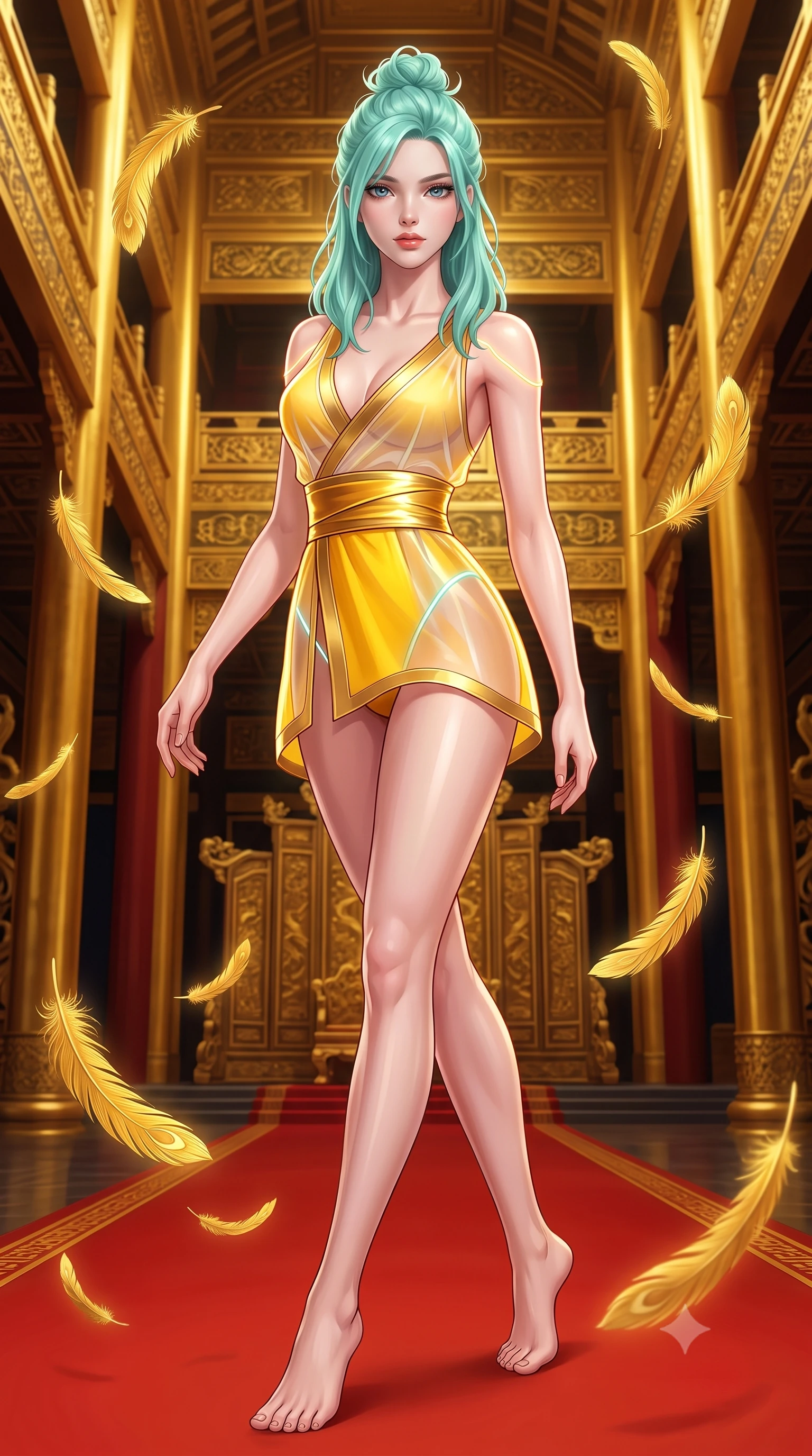 score_9, masterpiece, best quality, ultra-detailed, high-budget anime keyframe, semi-realistic 3D game render, editorial fashion photography, tasteful artistic composition, Japanese woman. low angle full-body shot from head to toe showing her feet, filling the entire 9:16 vertical frame with her statuesque presence, stretching her vertical silhouette. arching her back in a fluid zero-gravity turn with sovereign grace, her long slender legs and sculpted torso creating a sweeping line while striding with imperial majesty down a red lacquer runway inside a soaring golden palace as golden phoenix feathers float around her. The surrounding environment is rendered in vivid detail and crisp panoramic clarity. vibrant contrast between imperial scarlet, pure gold leaf, and deep shadows in panoramic precision. She has an absolutely perfect, statuesque 8.5-heads proportion, an exceptionally tall and slender model-like female figure with impossibly long slender legs, a toned flat midriff, and an ultra-slim waist. sharp v-shaped jawline, high-bridge nose, intricate jewel-like eyes with depth, thick eyelashes, glossy lips with a natural sheen, flawlessly proportioned anatomical accuracy, strict slender model proportions, natural body alignment, perfectly sculpted long slender limbs, ultra-slim waistline, clean dynamic posture without body distortion. wearing a shortened cyber-fusion wrap top with transparent chiffon panels, a deep crossover neckline, and a high-waisted metallic sash that accentuates her ultra-slim waist in vibrant sunburst canary yellow and gold trim, tailored from semi-translucent cybernetic vinyl with glowing micro-filaments, accented with glowing fiber-optic seams tracing her collarbones and hip curves, the sleek second-skin cut tightly hugging her graceful clavicle, narrow waist, and feminine curves with athletic precision. surrounded by an opulent, royal, and fiercely captivating oriental empress aura. highly saturated vibrant anime colors, detailed shading with soft gradients, rich glossy textures, high-contrast stereoscopic depth, volumetric dynamic lighting, master piece, 9:16 ratio