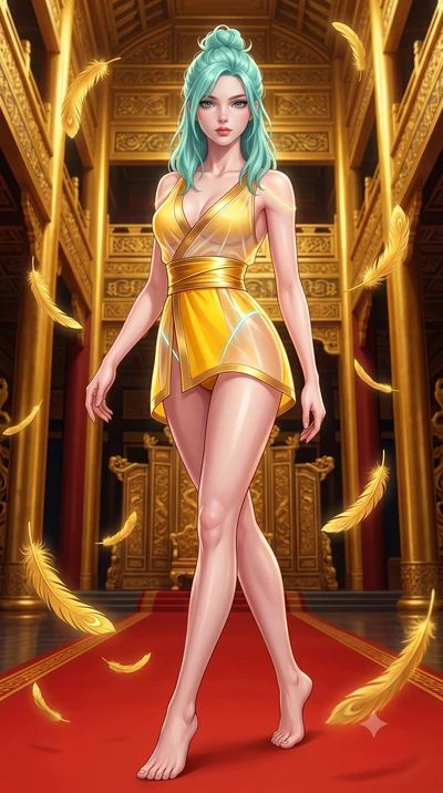 score_9, masterpiece, best quality, ultra-detailed, high-budget anime keyframe, semi-realistic 3D game render, editorial fashion photography, tasteful artistic composition, Japanese woman. low angle full-body shot from head to toe showing her feet, f