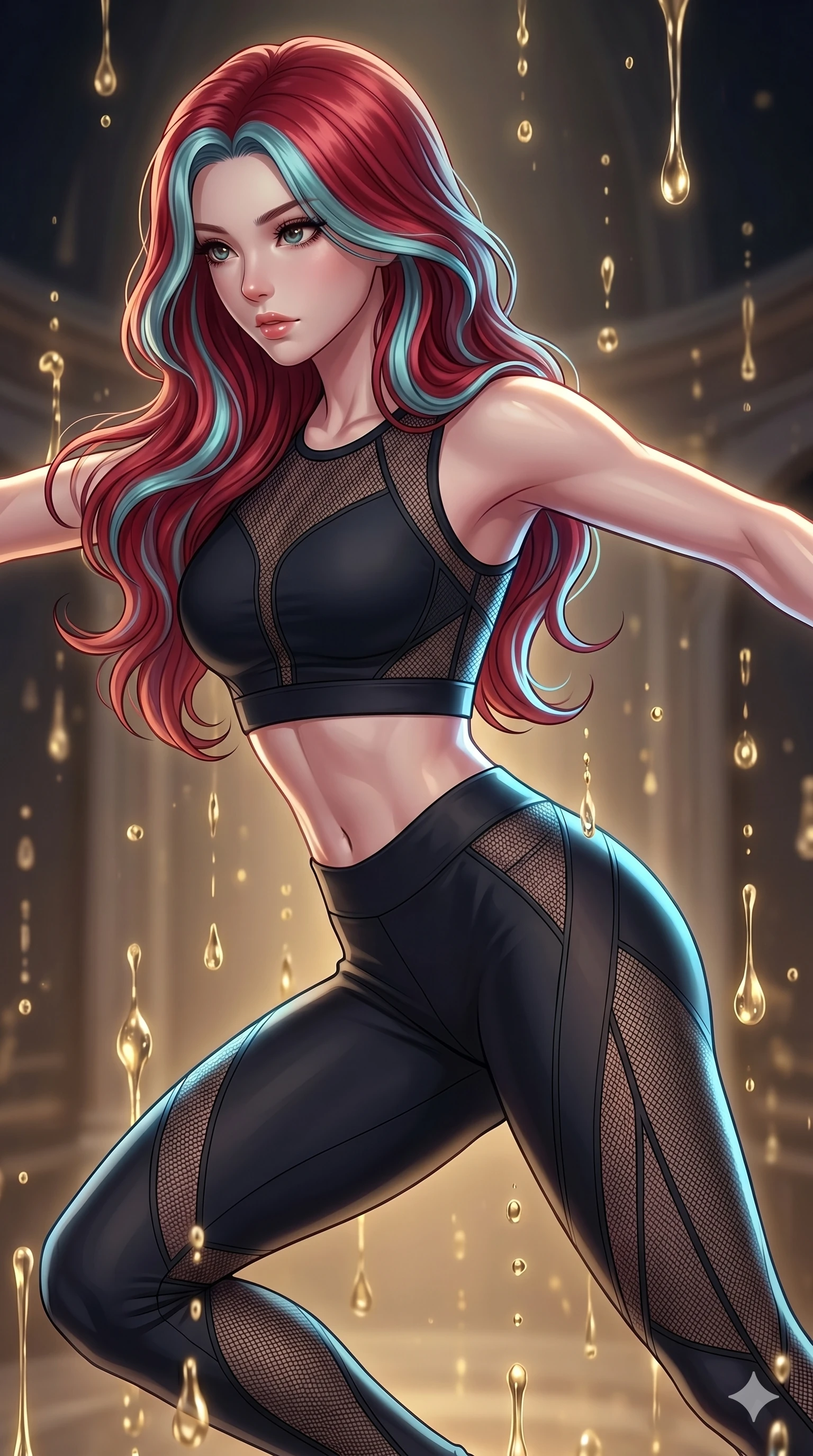 score_9, masterpiece, best quality, ultra-detailed, high-budget anime keyframe, Korean woman. upper body close-up from the thighs up, character filling the screen for maximum presence. dodging ethereal liquid gold rain that rises upward from the ground in warm shimmering droplets under an inverted gravity field. She has an absolutely perfect 8-heads proportion, an exceptionally tall and slender female figure with impossibly long slender legs and an ultra-slim waist. V-shaped jawline, high-bridge nose, intricate jewel-like eyes with depth, thick eyelashes, glossy lips with a natural sheen.. wearing a structured mesh athleisure set, featuring a fitted matte black crop top and leggings with architectural semi-opaque mesh panels tracing her silhouette. lit by a soft glowing ambient light and a sharp side key light that traces the sleek contours of her athletic build. 2k, ultra detail, master piece, 9:16 ratio