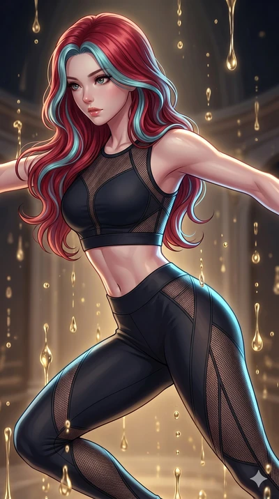 score_9, masterpiece, best quality, ultra-detailed, high-budget anime keyframe, Korean woman. upper body close-up from the thighs up, character filling the screen for maximum presence. dodging ethereal liquid gold rain that rises upward from the grou