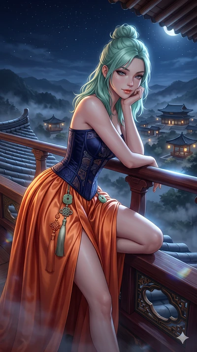Japanese woman. close-up cowboy shot from the waist and thighs up, the charac.