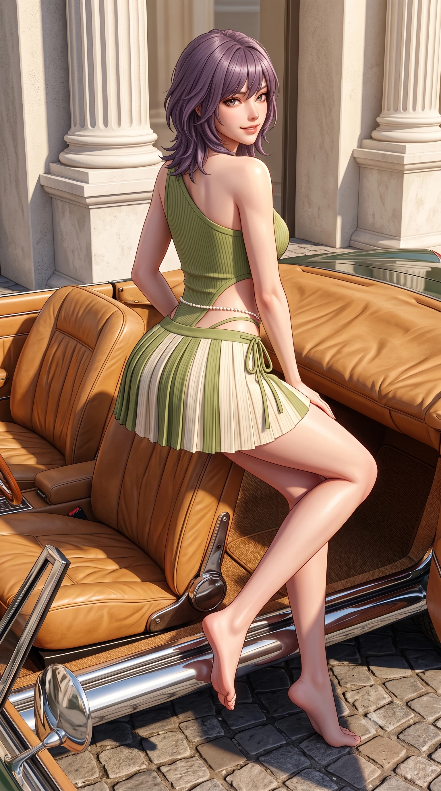 score_9, masterpiece, best quality, ultra-detailed, high-budget anime keyframe, semi-realistic 3D game render, editorial fashion photography, tasteful artistic composition, Japanese woman. low angle full-body shot from head to toe showing her feet, filling the entire 9:16 vertical frame with her statuesque presence, stretching her vertical silhouette. posing with back turned slightly to the lens, glancing back with an enchanting, playful smile as she arches her lower back to emphasize her sculpted feminine hips and slender waist while sitting perched on the car's leather upholstery with legs crossed, her flat midriff and feminine hips highlighted by vibrant Caribbean sunlight. The surrounding environment is rendered in vivid detail and crisp panoramic clarity. sharp neoclassical column plaster textures, chrome car bumper reflections, and cobblestone paving in deep focus. She has an exceptionally tall and slender model-like 8.5-heads proportion, an ultra-slim waist, a flat toned midriff, narrow delicate ribcage, and beautifully sculpted feminine hips creating a graceful, slim hourglass silhouette without any bulky heaviness, with impossibly long slender legs. sharp v-shaped jawline, high-bridge nose, intricate jewel-like sparkling eyes with depth, thick eyelashes, glossy parted lips with a natural peach sheen, bright cheerful beaming smile with an enchanting and coquettish sensual glint, exuding both youthful cute charm and seductive allure, flawlessly proportioned anatomical accuracy, strict slender model proportions, natural body alignment, perfectly sculpted long slender limbs, ultra-slim waistline, clean dynamic posture without body distortion. wearing an asymmetrical one-shoulder ribbed top paired with a micro-pleated skirt with side hip ties in matcha green and warm ivory, crafted from soft cozy cashmere yarn with an airy drape, accented with a dainty pearl waist chain catching the ambient sunlight, the precision-cut side openings and low-back scoop framing her graceful spine and the sensual sweep of her slim, toned hips. illuminated by warm wall bounce light sharply sculpting her razor-sharp jawline, narrow waist, and curvy hips. highly saturated vibrant anime colors, detailed shading with soft gradients, rich glossy textures, high-contrast stereoscopic depth, volumetric dynamic lighting, master piece, 9:16 ratio