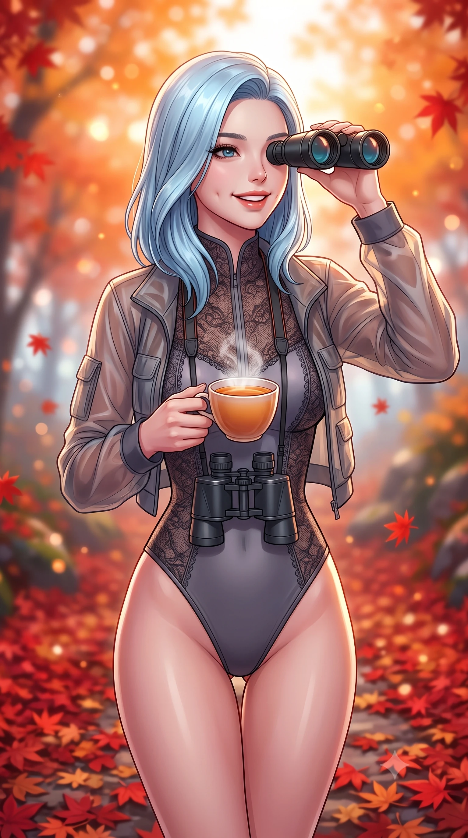 score_9, masterpiece, best quality, ultra-detailed, high-budget anime keyframe, editorial fashion photography, tasteful artistic composition, Korean woman. close-up cowboy shot from the waist and thighs up, the character dominates the composition, filling the frame with her large presence, background elements kept in soft focus. smiling with soft, cute dimples, holding a warm cup of tea with both hands set against a soft-focus background of walking through an autumn mountain path covered in red maple leaves looking through a pair of binoculars with a happy, excited expression. She has an exceptionally elegant, slender, and willowy female figure with an ultra-slim waist, a gracefully sculpted slender torso, and a refined silhouette. sharp v-shaped jawline, high-bridge nose, intricate jewel-like eyes with depth, thick eyelashes, glossy lips with a natural sheen. wearing tailored sleek bodysuit featuring fine dark lace pattern details and a sheer utility jacket. cool morning mountain air diffusing the bright orange sunrise glow. highly saturated vibrant anime colors, detailed shading with soft gradients, rich glossy textures, high-contrast stereoscopic depth, volumetric dynamic lighting, master piece, 9:16 ratio