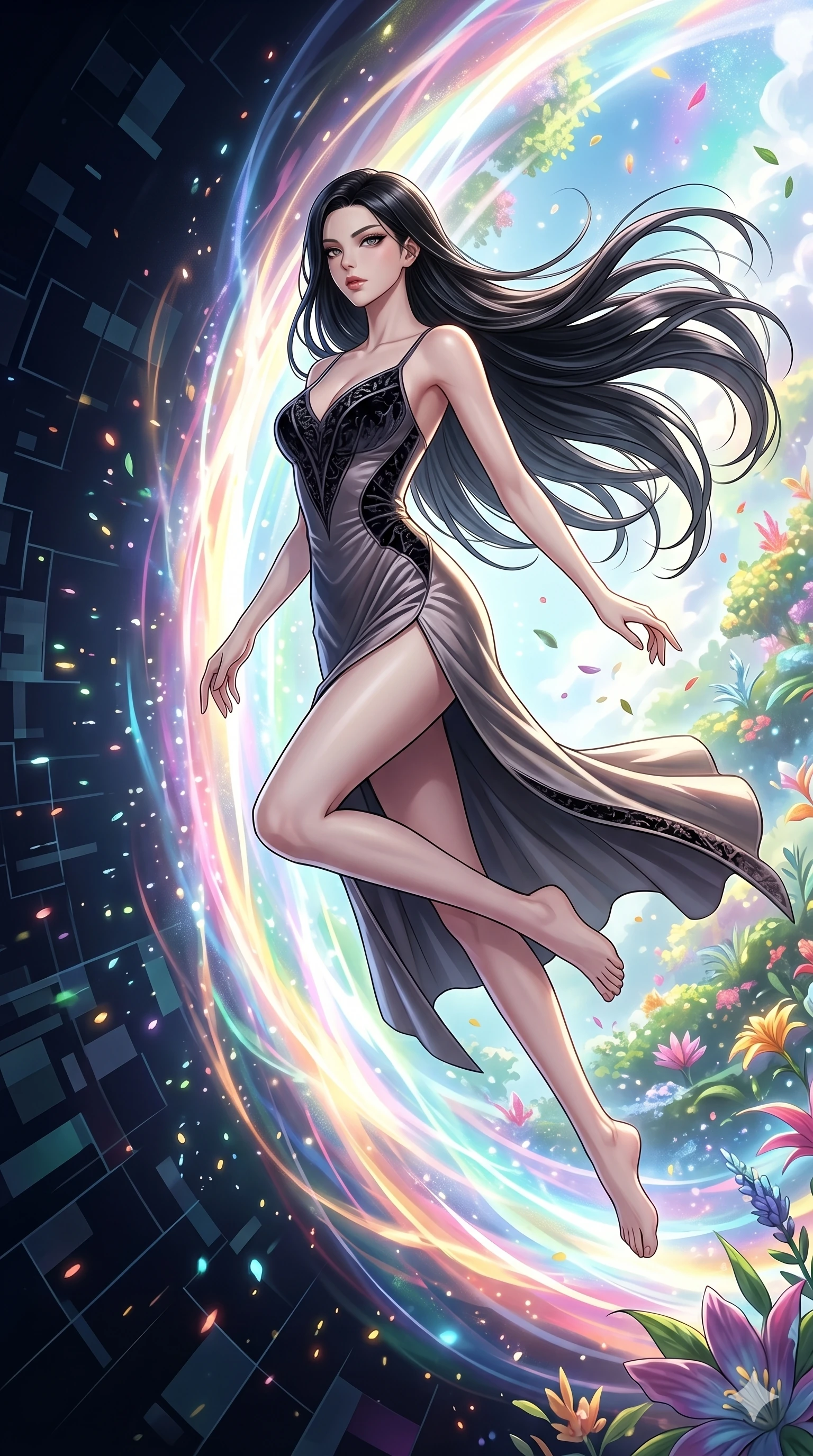 score_9, masterpiece, best quality, ultra-detailed, Set C: High-budget Anime Keyframe, Korean woman. Low angle cowboy shot filling the entire 9:16 frame with her statuesque presence. Leaping through a portal of swirling light and color into a celestial garden. She has an absolutely perfect 8-heads proportion, an exceptionally tall and slender female figure with elegant long slender legs and an slender waist. Sharp v-shaped jawline, high-bridge nose, intricate jewel-like eyes with depth, thick eyelashes, glossy lips. Wearing a High-Fashion Editorial outfit: slip dress with a elegant high side slit and velvet detail. Background is a bright and colorful transition between a digital void and a lush floating paradise. 2k, ultra detail, master piece, 9:16 ratio