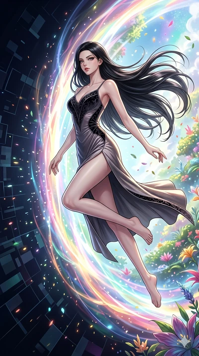score_9, masterpiece, best quality, ultra-detailed, Set C: High-budget Anime Keyframe, Korean woman. Low angle cowboy shot filling the entire 9:16 frame with her statuesque presence. Leaping through a portal of swirling light and color into a celesti
