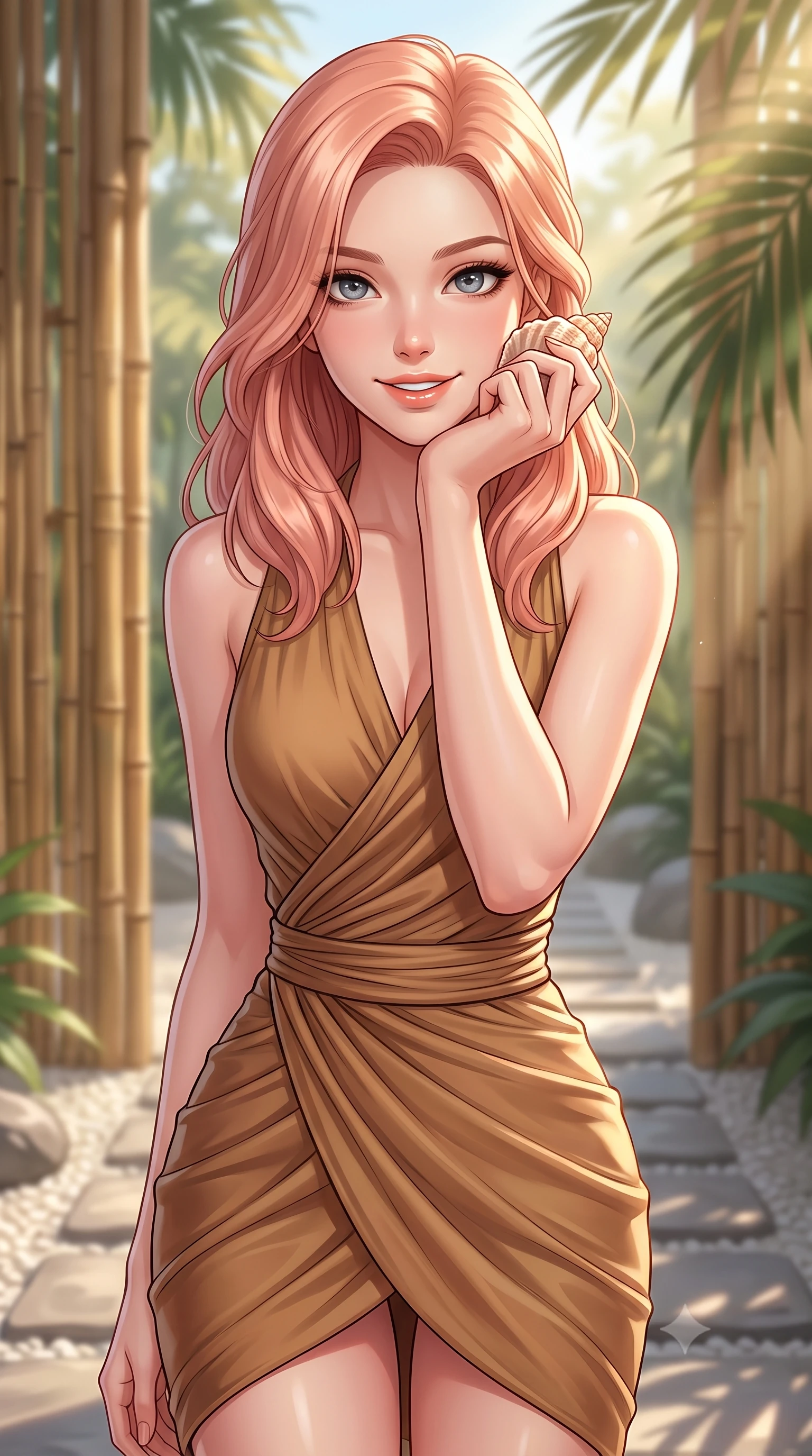 score_9, masterpiece, best quality, ultra-detailed, high-budget anime keyframe, editorial fashion photography, tasteful artistic composition, Japanese woman. close-up cowboy shot from the waist and thighs up, the character dominates the composition, filling the frame with her large presence, background elements kept in soft focus. smiling cutely while resting her chin on her hand, looking directly into the lens set against a soft-focus background of in a peaceful wellness spa garden with bamboo partitions and stone pathways holding a small seashell with a happy, cute expression. She has an exceptionally elegant, slender, and willowy female figure with an ultra-slim waist, a gracefully sculpted slender torso, and a refined silhouette. sharp v-shaped jawline, high-bridge nose, intricate jewel-like eyes with depth, thick eyelashes, glossy lips with a natural sheen. wearing tailored form-contouring silk wrap dress in camel, outlining her slender waist. soft afternoon sunbeams filtering through the palm leaves, casting gentle shadows. highly saturated vibrant anime colors, detailed shading with soft gradients, rich glossy textures, high-contrast stereoscopic depth, volumetric dynamic lighting, master piece, 9:16 ratio