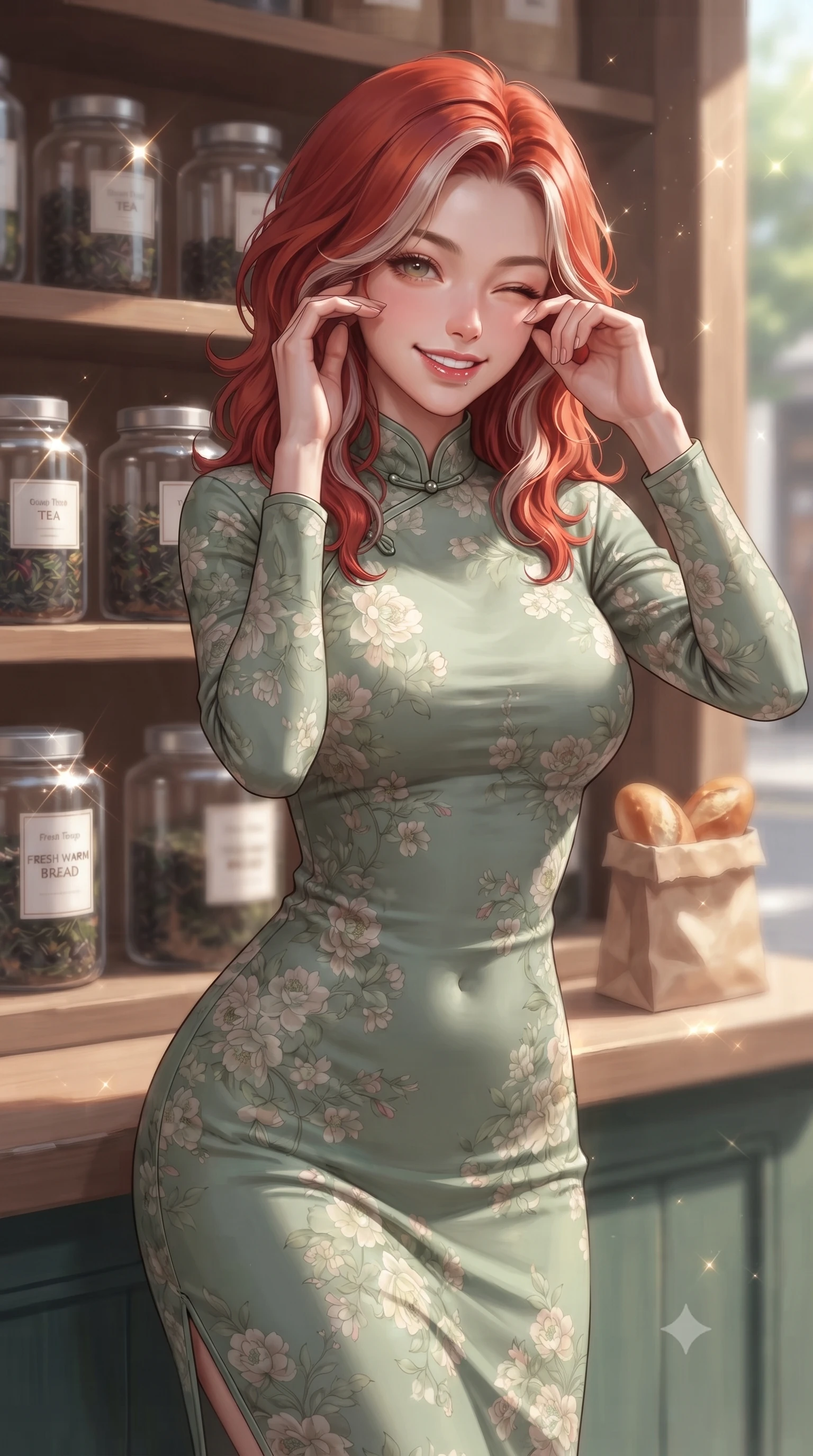score_9, masterpiece, best quality, ultra-detailed, high-budget anime keyframe, editorial fashion photography, tasteful artistic composition, Caucasian woman. close-up cowboy shot from the waist and thighs up, the character dominates the composition, filling the frame with her large presence, background elements kept in soft focus. smiling brightly with a cheerful expression, winking playfully at the viewer set against a soft-focus background of outside a cozy tea shop with jars of tea leaves displayed on wooden shelves holding a small paper bag of fresh warm bread, smiling cutely. She has an exceptionally elegant, slender, and willowy female figure with an ultra-slim waist, a gracefully sculpted slender torso, and a refined silhouette. sharp v-shaped jawline, high-bridge nose, intricate jewel-like eyes with depth, thick eyelashes, glossy lips with a natural sheen. wearing form-contouring lovely floral print midi dress in sage green, featuring a high collar and long sleeves. bright daylight reflecting off the display cases, creating sparkling glints. ultra-reflective glossy finish, specular highlights, metallic sheen, high-contrast stereoscopic depth, volumetric dynamic lighting, 2k, ultra detail, master piece, 9:16 ratio