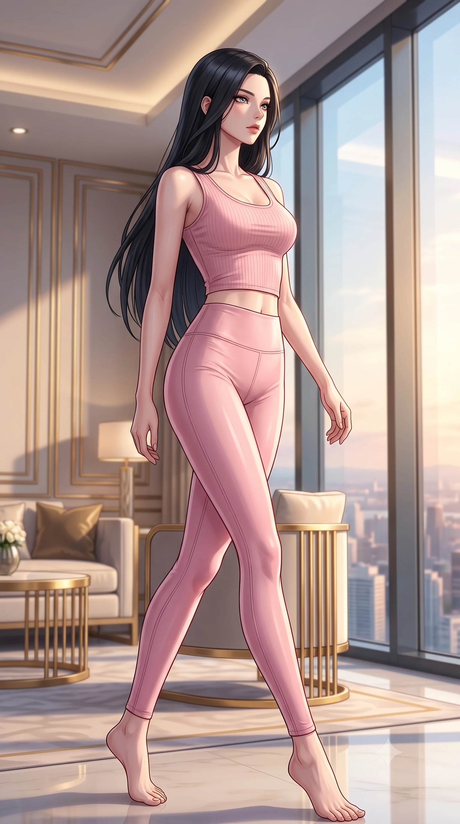 score_9, masterpiece, best quality, ultra-detailed, high-budget anime keyframe, editorial fashion photography, tasteful artistic composition, Korean woman. low angle full-body shot from head to toe showing her feet, filling the entire 9:16 vertical frame with her statuesque presence, stretching her vertical silhouette. stepping gracefully while looking back over her shoulder, her dress draped tightly to reveal her silhouette the background shows a soft-focus a luxury hotel penthouse suite with gold-trimmed furniture and floor-to-ceiling glass. She has an absolutely perfect, statuesque 8.5-heads proportion, an exceptionally tall and slender model-like female figure with impossibly long slender legs and an ultra-slim waist. sharp v-shaped jawline, high-bridge nose, intricate jewel-like eyes with depth, thick eyelashes, glossy lips with a natural sheen. wearing a slim-fit body-hugging light pink crop tank top paired with high-waisted tight-fitting leggings. soft ambient indoor lighting contrasting with golden hour sunlight from outside. highly saturated vibrant anime colors, detailed shading with soft gradients, rich glossy textures, high-contrast stereoscopic depth, volumetric dynamic lighting, master piece, 9:16 ratio