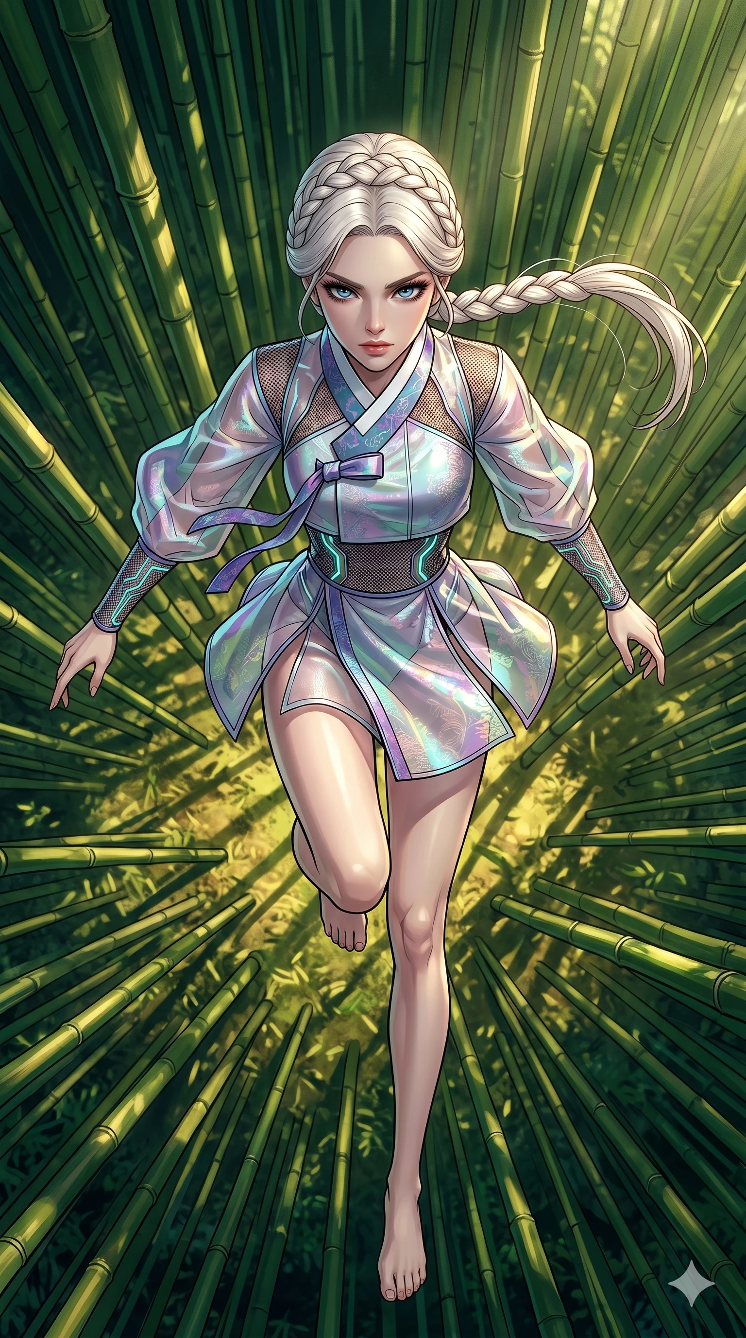 score_9, masterpiece, best quality, ultra-detailed, high-budget anime movie keyframe, cinematic anime lighting, intricate line art, Caucasian (strictly human ears) woman. Extreme high angle shot as she leaps towards the camera, filling the frame. gliding through a forest of bamboo as the sunlight creates a strobe effect. She has an absolutely perfect 8-heads proportion, an exceptionally tall and slender female figure with an ultra-slim waist and impossibly long slender legs. strictly human anatomy, two legs only, no extra limbs, clearly defined legs and arms, perfect anatomy, perfect hands and fingers. sharp v-shaped jawline, high-bridge nose, intricate jewel-like eyes, thick eyelashes, glossy lips. Wearing Modern Traditional: Shortened cyber-hanbok with fusion silk robes and transparent panels. The scene is illuminated by dramatic atmospheric lighting and vibrant color palettes. , 2k, ultra detail, master piece, 9:16 ratio