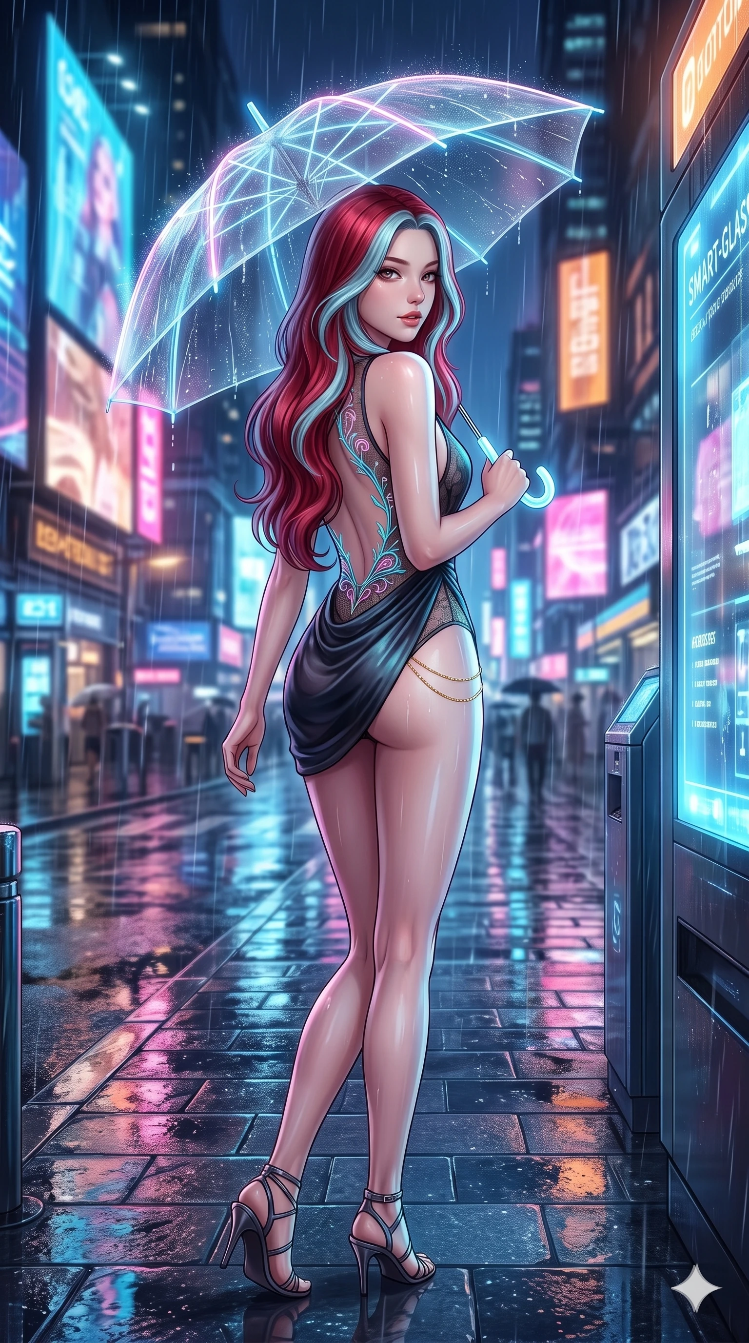 score_9, masterpiece, best quality, ultra-detailed, high-budget anime keyframe, editorial fashion photography, tasteful artistic composition, Caucasian woman. low angle full-body shot from head to toe showing her feet, filling the entire 9:16 vertical frame with her statuesque presence, stretching her vertical silhouette. walking along the terrace with poise, looking back over her bare shoulder with an irresistible smoldering bedroom-gaze while leaning against the glowing smart-glass kiosk with hips cocked back, gazing through the rain-streaked umbrella canopy with smoldering bedroom-eyes. The surrounding environment is rendered in vivid detail and crisp panoramic clarity: sharp wet asphalt paver reflections, luminous umbrella fiber-optic ribs, and razor-sharp holographic typography in deep focus. She has an exceptionally tall and slender model-like 8.5-heads proportion, an ultra-slim waist, a flat toned midriff, narrow delicate ribcage, and beautifully sculpted feminine hips creating a graceful, slim hourglass silhouette without any bulky heaviness, with impossibly long slender legs. sharp v-shaped jawline, high-bridge nose, intricate jewel-like sparkling eyes with depth, thick eyelashes, glossy parted lips with a natural peach sheen, bright cheerful beaming smile with an enchanting and coquettish sensual glint, exuding both youthful cute charm and seductive allure, flawlessly proportioned anatomical accuracy, strict slender model proportions, natural body alignment, perfectly sculpted long slender limbs, ultra-slim waistline, clean dynamic posture without body distortion. wearing an alluring backless sheer lace leotard with high-cut leg openings and delicate fiber-optic embroidery framing her spine in subterranean lagoon turquoise and lotus blossom pink, crafted from fluid liquid silk satin that clings smoothly to her narrow waist and rounded hips with a dewy sheen, accented with a dainty gold belly chain resting across her flat midriff and curving hips, the form-contouring silhouette accentuating her sculpted flat midriff, narrow delicate ribcage, and gracefully curvy hips with intoxicating allure. bathed in the dynamic multi-colored glow of towering holographic billboards mixed with street rain reflections. ultra-reflective glossy finish, specular highlights, rich textural contrasts, high-contrast stereoscopic depth, volumetric dynamic lighting, 2k, ultra detail, master piece, 9:16 ratio