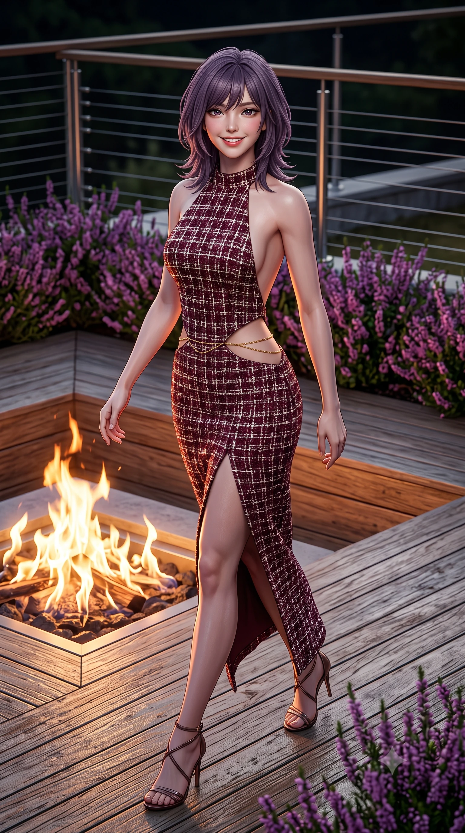 score_9, masterpiece, best quality, ultra-detailed, high-budget anime keyframe, semi-realistic 3D game render, editorial fashion photography, tasteful artistic composition, Japanese woman. low angle full-body shot from head to toe showing her feet, filling the entire 9:16 vertical frame with her statuesque presence, stretching her vertical silhouette. stepping forward in a confident stride, her long slender legs and curvaceous hips creating a dynamic, sweeping vertical line while twisting her slender torso in an alluring contrapposto stance beside the sunken gas fire pit, flame ribbons dancing across her dewy skin and flat midriff. The surrounding environment is rendered in vivid detail and crisp panoramic clarity: sharp weathered teak plank grain, stainless steel cable balustrade fittings, and blooming purple heather textures in deep focus. She has an exceptionally tall and slender model-like 8.5-heads proportion, an ultra-slim waist, a flat toned midriff, narrow delicate ribcage, and beautifully sculpted feminine hips creating a graceful, slim hourglass silhouette without any bulky heaviness, with impossibly long slender legs. sharp v-shaped jawline, high-bridge nose, intricate jewel-like sparkling eyes with depth, thick eyelashes, glossy parted lips with a natural peach sheen, bright cheerful beaming smile with an enchanting and coquettish sensual glint, exuding both youthful cute charm and seductive allure, flawlessly proportioned anatomical accuracy, strict slender model proportions, natural body alignment, perfectly sculpted long slender limbs, ultra-slim waistline, clean dynamic posture without body distortion. wearing a backless halterneck cocktail dress with deep scoop back down to her lower spine and thigh-high slit in Belvedere ivory pearl and Habsburg bordeaux wine, woven from structured British tweed with subtle metallic flecks, accented with a dainty gold belly chain resting across her flat midriff and curving hips, the second-skin tailored fabric adhering flawlessly to her sculpted flat midriff and slender torso, emphasizing her long leg lines and perfectly proportioned willowy build. illuminated by deck wood reflection bounce and sharp copper-gold rim lights sculpting her jawline, narrow waist, and curvy hips. highly saturated vibrant anime colors, detailed shading with soft gradients, rich glossy textures, high-contrast stereoscopic depth, volumetric dynamic lighting, master piece, 9:16 ratio