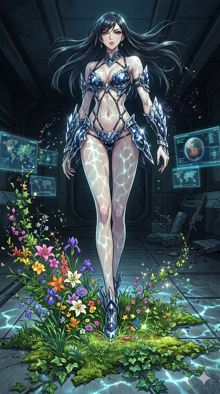 score_9, masterpiece, best quality, ultra-detailed, High-budget Anime Keyframe, vibrant colors, fluid line-art, expressive lighting, cinematic composition, Ufotable-style visual effects, top-tier animation quality, Japanese woman with delicate and elegant anime-inspired features. Dynamic full-body shot stretching the vertical silhouette, capturing her from a powerful low-angle perspective. Restoring life to a barren, dead planet with a single touch, greenery and flowers erupting from her footsteps. She has an absolutely perfect 8-heads proportion, an exceptionally tall and slender female figure with impossibly long slender legs and an ultra-slim waist, her statuesque height and towering silhouette dominating the vertical 9:16 frame. Her face is a masterpiece featuring a sharp v-shaped jawline, high-bridge nose, intricate jewel-like eyes with depth, thick eyelashes, and glossy lips with a natural sheen. She is wearing a Metallic armor-bikini with sharp, aggressive edges and integrated energy-shield generators crafted from Obsidian-glass scales that shimmer with a dark, crystalline brilliance, with an exposed midriff and a complex harness system that draws the eye. The scene is set in an underground rebel bunker with flickering holographic screens and tactical maps, illuminated by underwater caustic lighting with ripples of light dancing across her body. 2k, ultra detail, master piece, 9:16 ratio