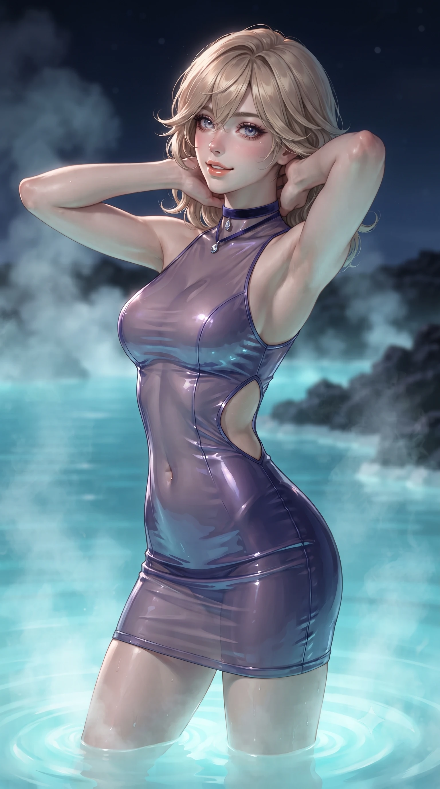 score_9, masterpiece, best quality, ultra-detailed, high-budget anime keyframe, editorial fashion photography, tasteful artistic composition, Japanese woman. close-up cowboy shot from the waist and thighs up, the character dominates the composition, filling the frame with her large presence. resting both hands lightly behind her neck with elbows raised, arching her spine to highlight her narrow waist, flat midriff, and breathtaking collarbones while standing in the steaming turquoise geothermal water with hips cocked back, looking over a bare shoulder through curls of mineral steam. The background shows a soft-focus rising geothermal steam clouds, volcanic black lava fields, and dark arctic night sky blurred into milky turquoise, charcoal, and aurora-violet bokeh. She has an exceptionally elegant, slender, and willowy female figure with an ultra-slim waist, flat toned midriff, narrow ribcage, and sculpted feminine hips creating an alluring, slim hourglass silhouette without bulk. sharp v-shaped jawline, high-bridge nose, sparkling eyes with hypnotic seductive depth, thick curled eyelashes, glossy parted lips with a natural dewy peach sheen, alluring bedroom-eyes with an enchanting coquettish smile, exuding magnetic siren charisma and sophisticated glamour, flawlessly proportioned anatomical accuracy, strict slender model proportions, natural body alignment, perfectly sculpted long slender limbs, ultra-slim waistline, clean dynamic posture without body distortion. wearing a provocative high-neck sheer illusion cocktail dress with liquid satin ribbons contouring her curves in twilight lavender and midnight indigo, crafted from wet-look high-gloss vinyl fabric with dazzling specular surface reflections, finished with a thin velvet ribbon choker and a single teardrop diamond pendant, the precision-cut side openings and low-back scoop framing her graceful spine and the sensual sweep of her slim, toned hips. bathed in surreal glowing milky-turquoise light radiating upward from geothermal pool beds. ultra-reflective glossy finish, specular highlights, rich textural contrasts, high-contrast stereoscopic depth, volumetric dynamic lighting, 2k, ultra detail, master piece, 9:16 ratio