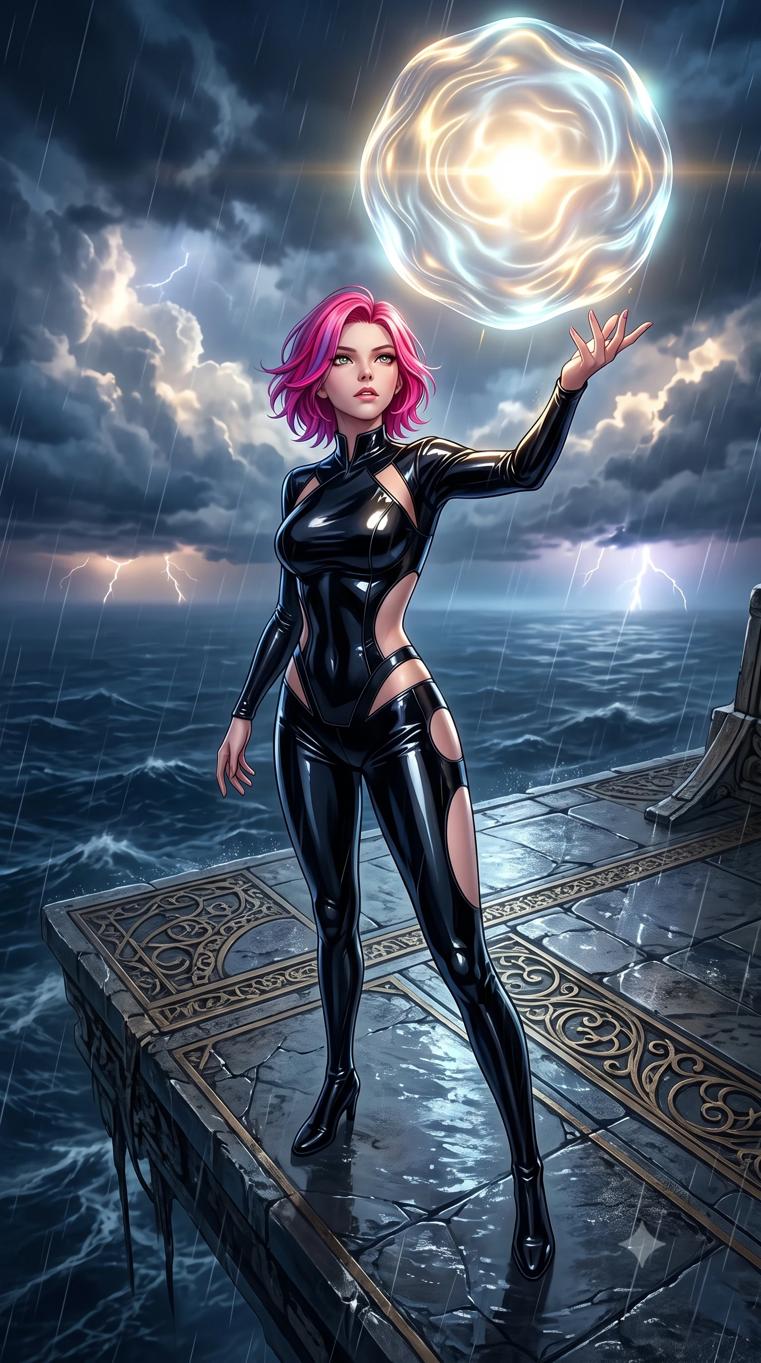 score_9, masterpiece, best quality, ultra-detailed, High-budget Anime Keyframe, Caucasian woman, strictly human ears. Low angle cowboy shot filling the entire 9:16 frame with her statuesque presence. Scenario 317: reaching out to catch a floating sphere of liquid light in a floating platform suspended over a stormy sea of dark blue water. Her presence is magnetic and overpowering in this high-budget anime scene. Outfit 317: a form-contouring patent leather second with a strategic side cut-outs and tight-fitting silhouette. The clothing is designed to emphasize her exceptionally tall and slender 8-heads proportion. 8-heads proportion, towering silhouette, ultra-slim waist. sharp v-shaped jawline, intricate jewel-like eyes with depth, thick eyelashes, glossy lips. 2k, ultra detail, master piece, 9:16 ratio