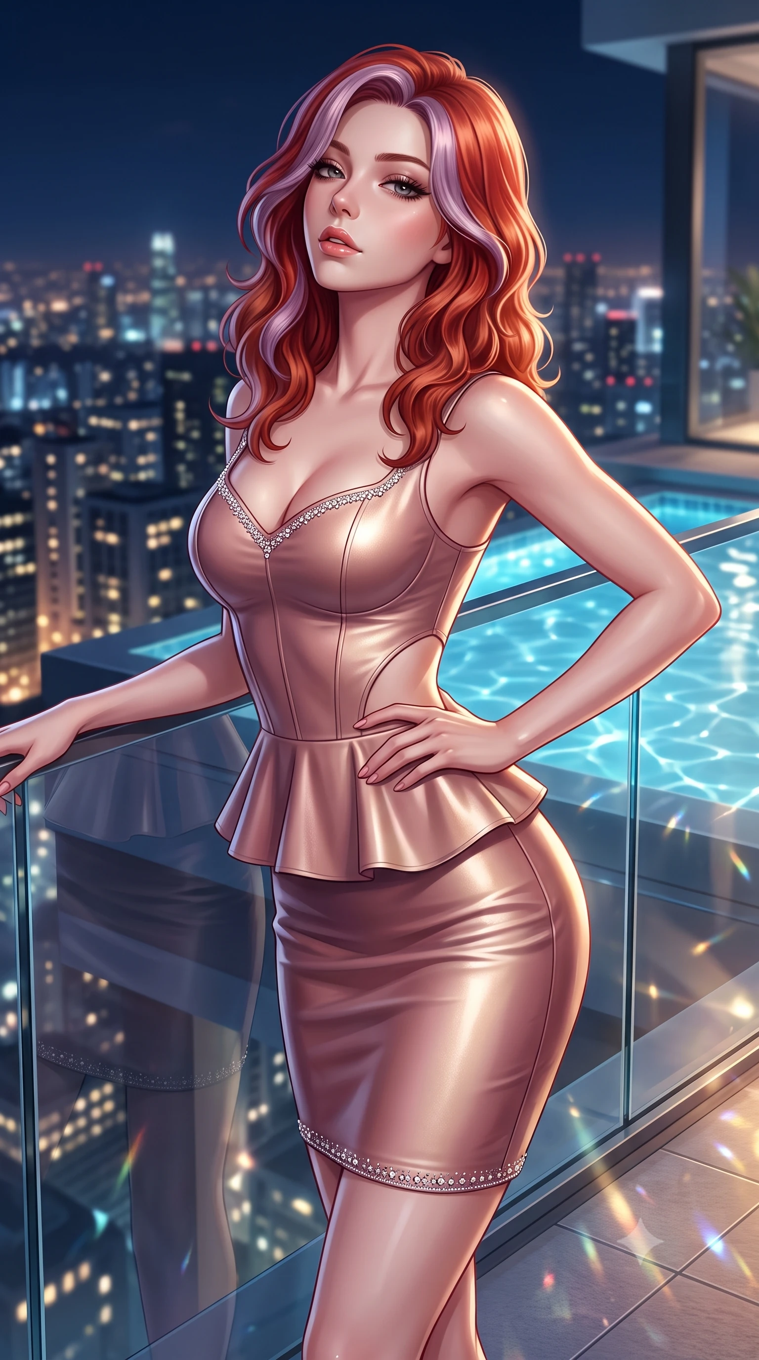 score_9, masterpiece, best quality, ultra-detailed, high-budget anime keyframe, semi-realistic 3D game render, editorial fashion photography, tasteful artistic composition, Caucasian woman. close-up cowboy shot from the waist and thighs up, the character dominates the composition, filling the frame with her large presence. tilting her chin up with proud, sovereign allure while gazing through thick eyelashes, one hand resting on her waist in pure supermodel charisma while leaning against the seamless glass balcony barrier overlooking a 360-degree glittering city skyline, hips cocked back in a seductive S-curve as she looks over her shoulder. The composition keeps background elements in soft focus with creamy bokeh. shimmering pool caustics and city light reflections scattering radiant light motes across the deck. She has an exceptionally elegant, slender, and willowy female figure with an ultra-slim waist, a gracefully sculpted slender torso, toned flat midriff, and rounded feminine hips creating an alluring hourglass silhouette. sharp v-shaped jawline, high-bridge nose, intricate jewel-like eyes with depth, thick eyelashes, glossy parted lips with a natural sheen, intensely captivating and seductive bedroom-eyes expression, flawlessly proportioned anatomical accuracy, strict slender model proportions, natural body alignment, perfectly sculpted long slender limbs, ultra-slim waistline, clean dynamic posture without body distortion. wearing a modern peplum corset dress with side-waist diamond cutouts and an ultra-tight silhouette in dusky blush rose and champagne shimmer, crafted from second-skin supple lambskin leather with specular sheen, finished with delicate crystal embroidery along the neckline and hem, the form-contouring material adhering flawlessly to her sculpted flat midriff and slender torso, emphasizing her long leg lines and perfectly proportioned willowy build. illuminated by crisp directional edge lights sharply sculpting her slender waist and curvy feminine hips. highly saturated vibrant anime colors, detailed shading with soft gradients, rich glossy textures, high-contrast stereoscopic depth, volumetric dynamic lighting, master piece, 9:16 ratio
