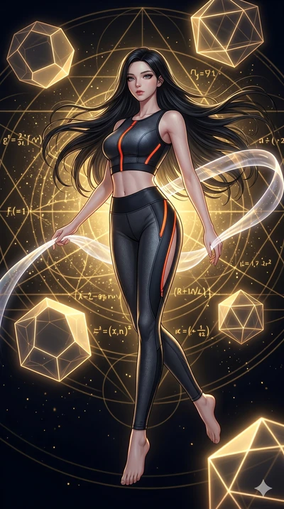score_9, masterpiece, best quality, ultra-detailed, high-budget anime keyframe, Korean woman. low angle full-body shot filling the entire 9:16 frame with her statuesque presence, stretching the vertical silhouette. floating gracefully in a mathematic