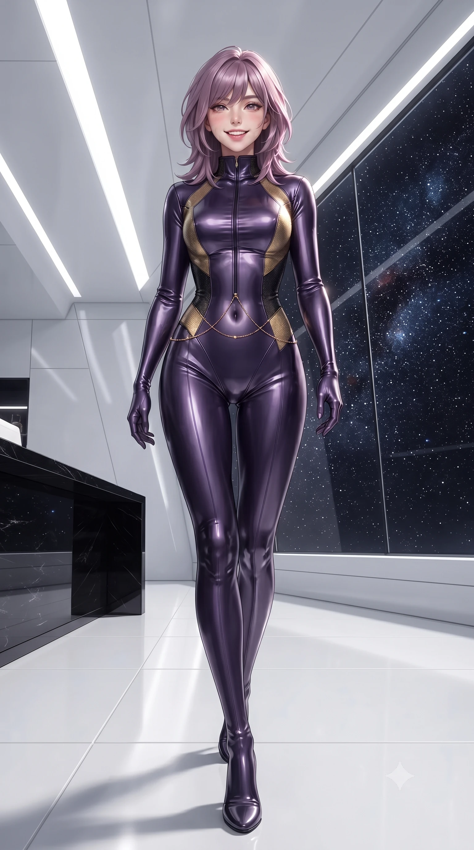 score_9, masterpiece, best quality, ultra-detailed, high-budget anime keyframe, editorial fashion photography, tasteful artistic composition, Japanese woman. low angle full-body shot from head to toe showing her feet, filling the entire 9:16 vertical frame with her statuesque presence, stretching her vertical silhouette. stepping forward in a confident stride, her long slender legs and curvaceous hips creating a dynamic, sweeping vertical line while standing poised on the polished white polymer floor before the floor-to-ceiling starlight observation window, arching her back with aristocratic supermodel elegance. The surrounding environment is rendered in vivid detail and crisp panoramic clarity: sharp seamless white lacquer architectural lines, polished black obsidian bar grain, and crisp starlight reflections in deep focus. She has an exceptionally tall and slender model-like 8.5-heads proportion, an ultra-slim waist, a flat toned midriff, narrow delicate ribcage, and beautifully sculpted feminine hips creating a graceful, slim hourglass silhouette without any bulky heaviness, with impossibly long slender legs. sharp v-shaped jawline, high-bridge nose, intricate jewel-like sparkling eyes with depth, thick eyelashes, glossy parted lips with a natural peach sheen, bright cheerful beaming smile with an enchanting and coquettish sensual glint, exuding both youthful cute charm and seductive allure, flawlessly proportioned anatomical accuracy, strict slender model proportions, natural body alignment, perfectly sculpted long slender limbs, ultra-slim waistline, clean dynamic posture without body distortion. wearing a form-fitting orbital flight command jumpsuit in dark purple liquid satin with a high collar, contouring tightly to her narrow waist and feminine hips in solar-wind gold and deep space void black, woven from stretch metallic lurex jersey casting radiant starlight glints across her curves, accented with a dainty gold belly chain resting across her flat midriff and curving hips, the glove-like clinging cut tightly following the natural contour of her hips and long slender legs with youthful 8.5-heads elegance. illuminated by white polymer floor reflection bounce and sharp platinum rim lights sculpting her jawline, narrow waist, and curvy hips. ultra-reflective glossy finish, specular highlights, rich textural contrasts, high-contrast stereoscopic depth, volumetric dynamic lighting, 2k, ultra detail, master piece, 9:16 ratio