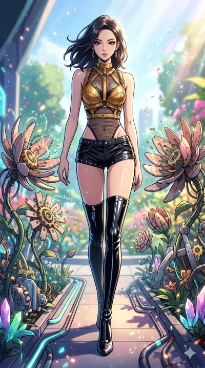 score_9, masterpiece, best quality, ultra-detailed, High-budget Anime Keyframe, beautiful Korean anime girl. Low angle cowboy shot filling the entire 9:16 frame with her overwhelming presence. Walking through a garden of mechanical flowers that bloom