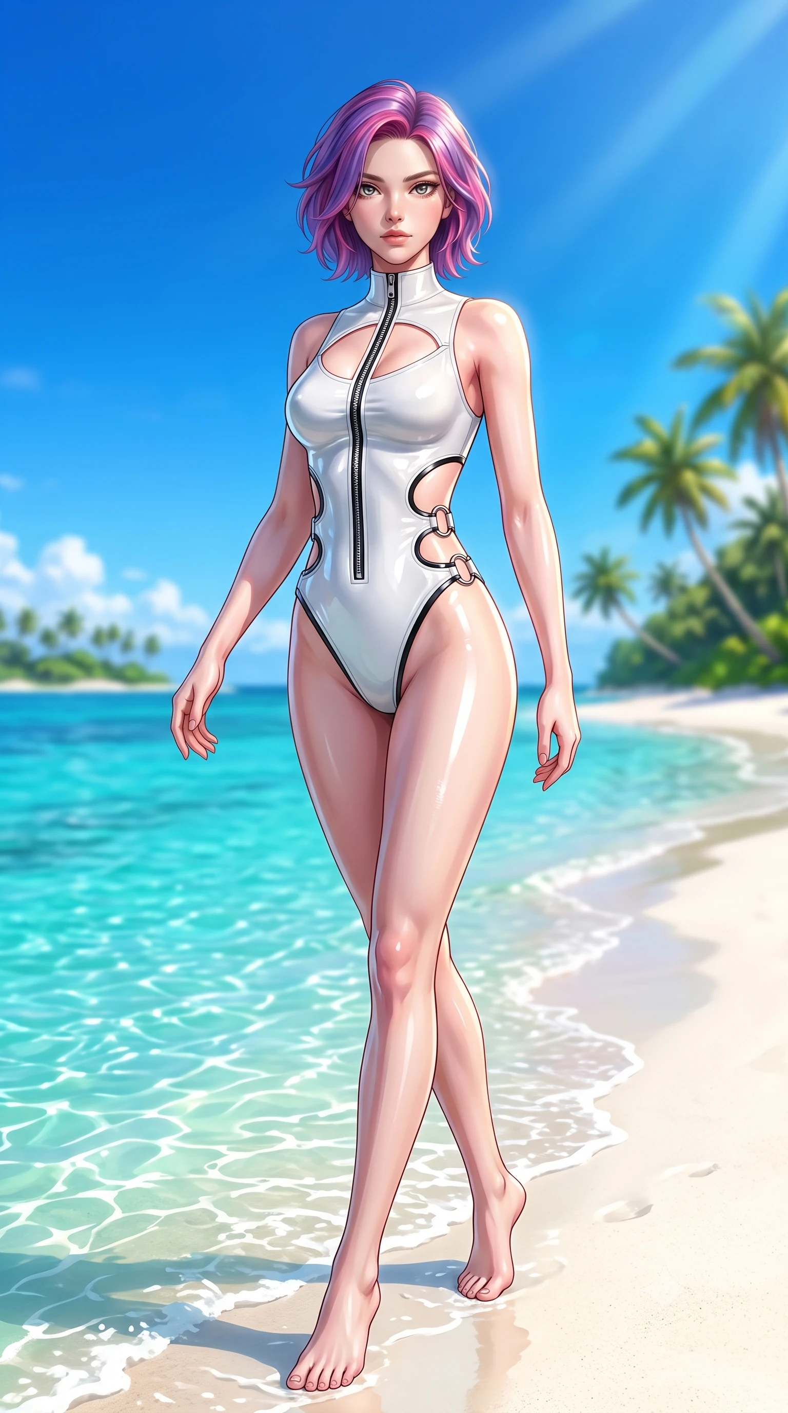 score_9, masterpiece, best quality, ultra-detailed, high-budget anime keyframe, semi-realistic 3D game render, editorial fashion photography, tasteful artistic composition, Caucasian woman. low angle full-body shot from head to toe showing her feet, filling the entire 9:16 vertical frame with her statuesque presence, stretching her vertical silhouette. pivoting dynamically in mid-motion with a breathtakingly alluring posture, displaying her flawless model proportions and ultra-slim waist while stepping along a pristine white sand sandbar as shallow emerald lagoon waves lap gently at her feet. The composition keeps background elements in soft focus with creamy bokeh. distant palm-lined islands and vibrant blue sky softened by shallow atmospheric focus. She has an absolutely perfect, statuesque 8.5-heads proportion, an exceptionally tall and slender model-like female figure with impossibly long slender legs, a toned flat midriff, and an ultra-slim waist. sharp v-shaped jawline, high-bridge nose, intricate jewel-like eyes with depth, thick eyelashes, glossy lips with a natural sheen, flawlessly proportioned anatomical accuracy, strict slender model proportions, natural body alignment, perfectly sculpted long slender limbs, ultra-slim waistline, clean dynamic posture without body distortion. wearing a glossy white second-skin latex bodysuit with high-thigh cuts, exposed clavicle neckline, and gleaming zipper details in high-gloss monochrome white and sharp black contrast, crafted from ultra-reflective second-skin latex with a high-gloss glass-like polish, detailed with polished silver rings connecting the daring side-waist cutouts, the liquid-tight tailored fabric emphasizing every curve of her tall, slender model proportions and sculptured silhouette during dynamic movement. bathed in dazzling tropical morning sunlight and glittering ocean water caustics. highly saturated vibrant anime colors, detailed shading with soft gradients, rich glossy textures, high-contrast stereoscopic depth, volumetric dynamic lighting, master piece, 9:16 ratio