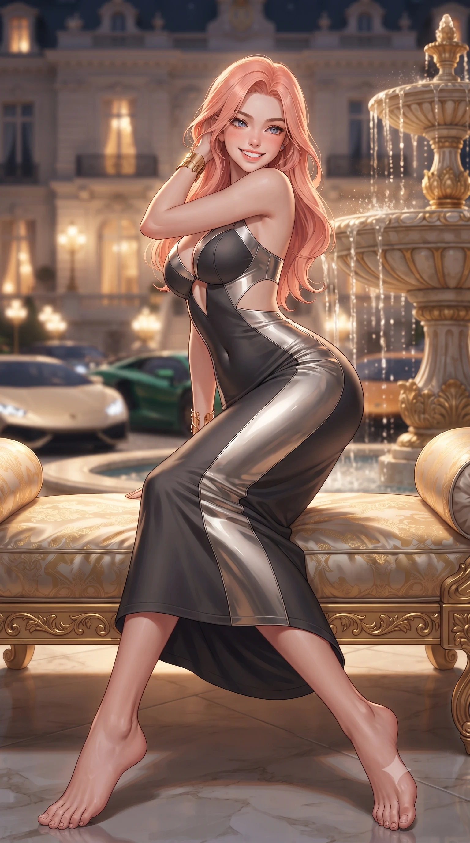 score_9, masterpiece, best quality, ultra-detailed, high-budget anime keyframe, editorial fashion photography, tasteful artistic composition, Japanese woman. low angle full-body shot from head to toe showing her feet, filling the entire 9:16 vertical frame with her statuesque presence, stretching her vertical silhouette. lounging on the lavish daybed with legs crossed and hips angled toward the camera, displaying her toned midriff and long slender limbs with effortless siren poise while leaning against the classical gilded stone fountain with hips cocked back, looking over a bare shoulder with an intoxicating smoldering bedroom-gaze. The background shows a soft-focus illuminated Belle Époque palace facade, cascading gilded fountains, and rows of luxury supercars blurred into champagne, emerald, and warm amber bokeh. She has an exceptionally tall and slender model-like 8.5-heads proportion, an ultra-slim waist, a flat toned midriff, narrow delicate ribcage, and beautifully sculpted feminine hips creating a graceful, slim hourglass silhouette without any bulky heaviness, with impossibly long slender legs. sharp v-shaped jawline, high-bridge nose, intricate jewel-like sparkling eyes with depth, thick eyelashes, glossy parted lips with a natural peach sheen, bright cheerful beaming smile with an enchanting and coquettish sensual glint, exuding both youthful cute charm and seductive allure, flawlessly proportioned anatomical accuracy, strict slender model proportions, natural body alignment, perfectly sculpted long slender limbs, ultra-slim waistline, clean dynamic posture without body distortion. wearing a cut-out liquid jersey resort dress with geometric side-waist openings and a plunging sweetheart neckline in smoky charcoal noir and reflective metallic platinum, crafted from high-tensile reflective patent leather with sleek specular highlights, accented with delicate golden wrist cuffs reflecting warm chandelier light, the form-contouring silhouette accentuating her sculpted flat midriff, narrow delicate ribcage, and gracefully curvy hips with intoxicating allure. illuminated by terrace marble reflection bounce and sharp platinum-gold rim lights sculpting her razor-sharp jawline, narrow waist, and curvy hips. ultra-reflective glossy finish, specular highlights, rich textural contrasts, high-contrast stereoscopic depth, volumetric dynamic lighting, 2k, ultra detail, master piece, 9:16 ratio